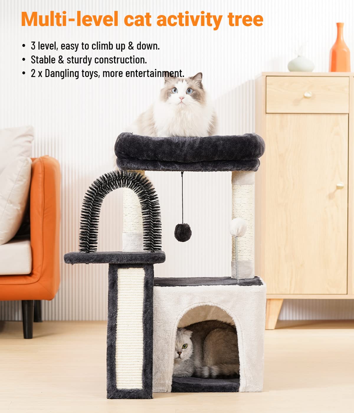Happi N Pets Cat Tree Tower for Indoor Cats, Multi-Level Cat Tree with Scratching Posts & Condos, Cozy Cat Perch, Self Groomer and Interactive Toys, Featuring with Large Cat Cave, Light Gray