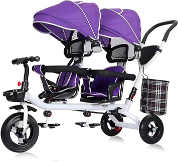 Double Seat Children's Tricycle with Pushchair Feature, Detachable Canopy, Folding Pedals, Reversible Seat, and Removable Guardrail for Toddlers