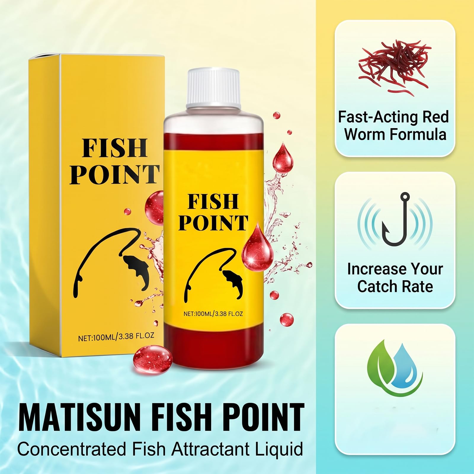 Fish Point Liquid, Concentrated Fish Attractant Spray, Fast-Acting Red Worm Formula, Supports Better Bite Response for Freshwater Fishing, 100ml