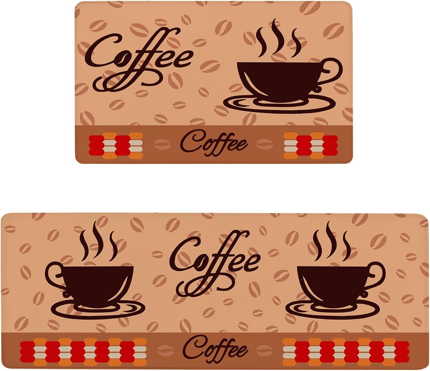 Anti Fatigue Kitchen Rugs Set of 2, Coffee Kitchen Mats for Floor, Farmhouse Kitchen Decor, Anti-Slip and Anti-Fatigue Foam Standing Mat, 17x30 inch Sink Mat+17x47 inch Runner Rug Brown
