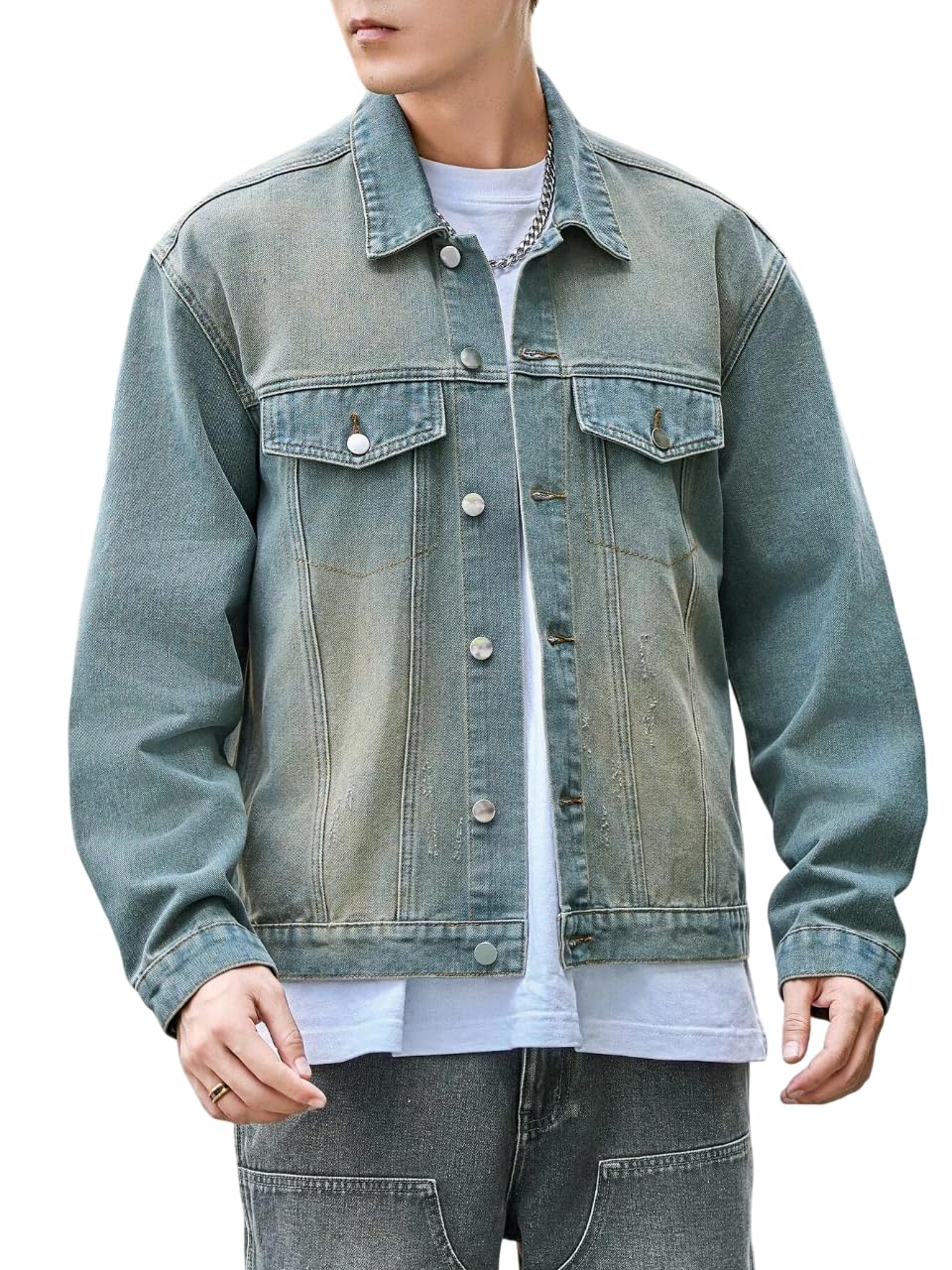 GRECIILOOKS Unisex Denim Jacket For Men & Women Stylish | Cotton Blend Casual Jean Jacket | Lightweight Button Down Streetwear Outerwear Travel Winterwear (Gl-Djt-Ms6330-L-Greenish Blue)