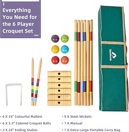 Miniatura 9 de ApudArmis Juego de croquet para seis jugadores de 35 pulgadas con mazos de madera de pino de alta calidad, bola de colores, mechones, estacas