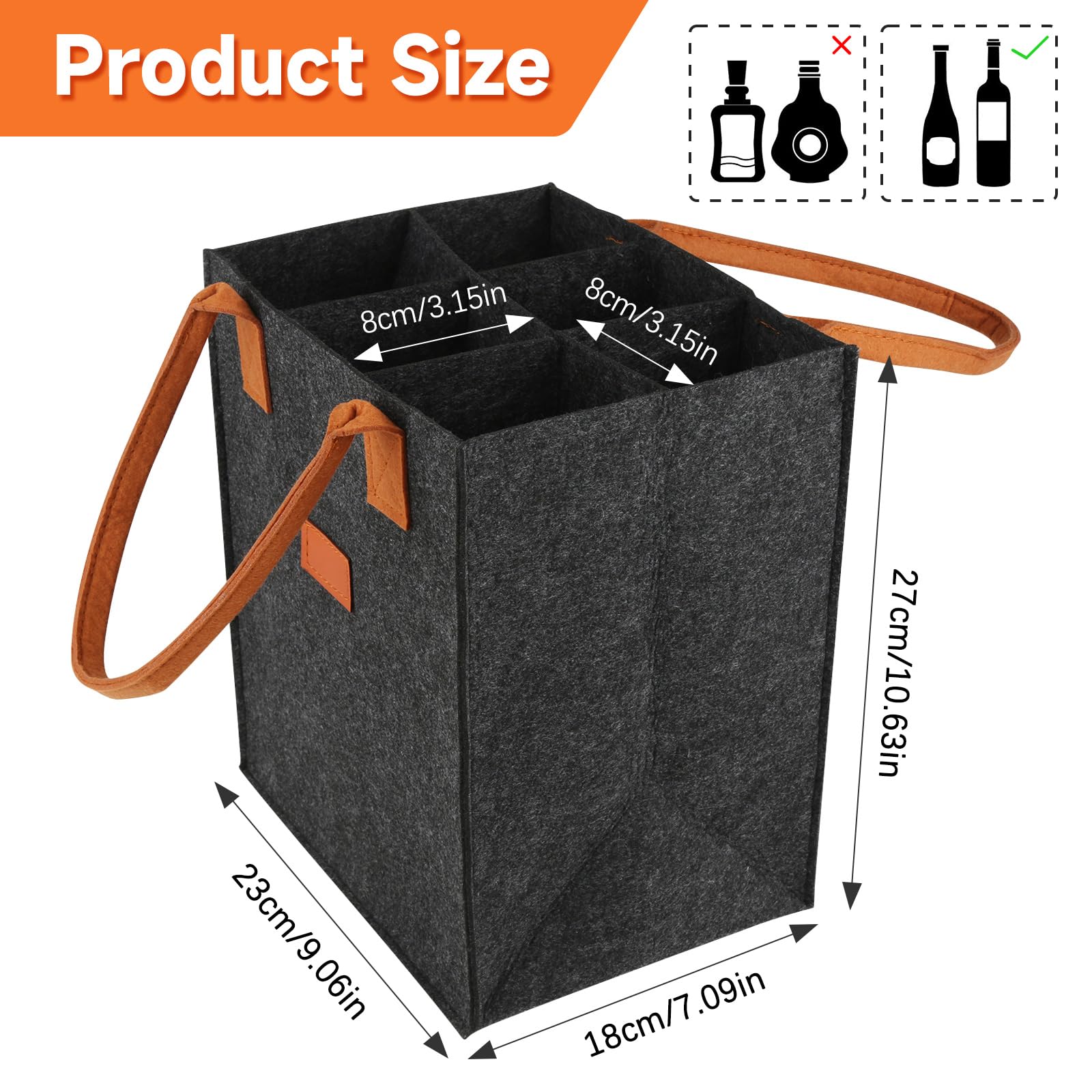 Haocjanc Dark Grey Felt Bottle Carrier, 6 Bottle Basket, Reusable, 23 x 18 x 27 cm - Image 2
