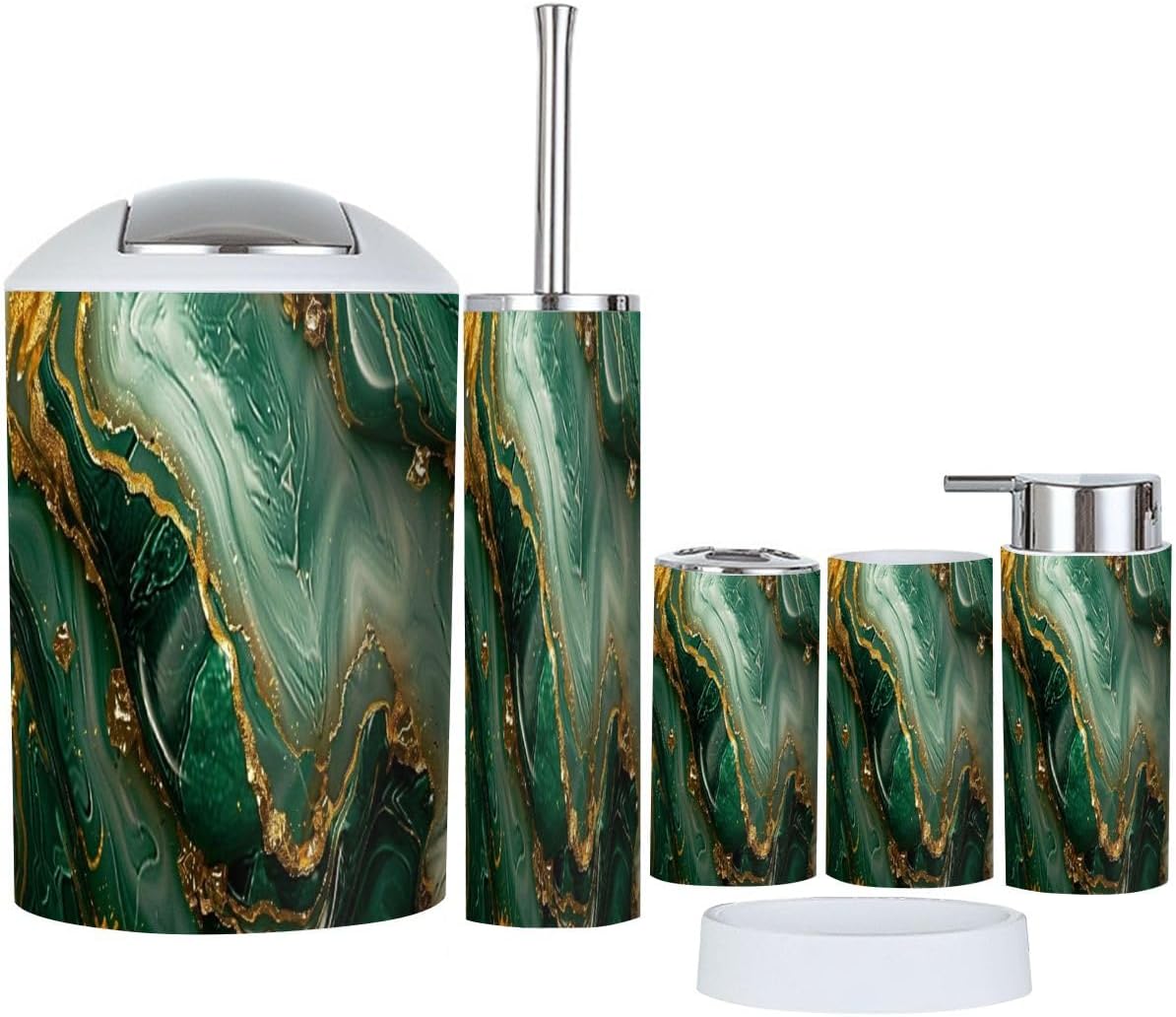 Bathroom Accessory Set 6 Piece Purple Marble Gold Stripes Alcohol Ink Luxury Violet Black Watercolor Toothbrush Holder, Toothbrush Cup, Soap Dispenser, Soap Dish, Toilet Brush Holder, Trash can