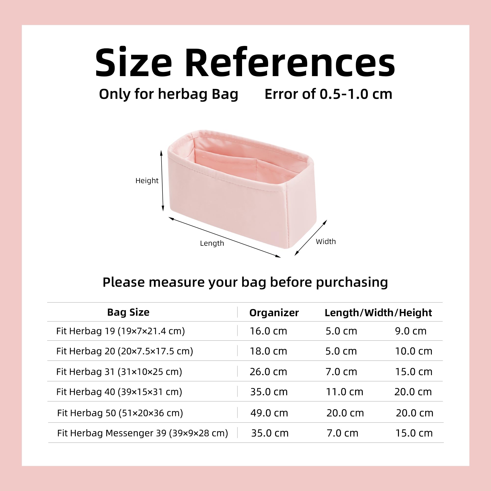 DGAZ Organizador de Bolso Satin para Herbag 20, Inserto Bolso, Rosa