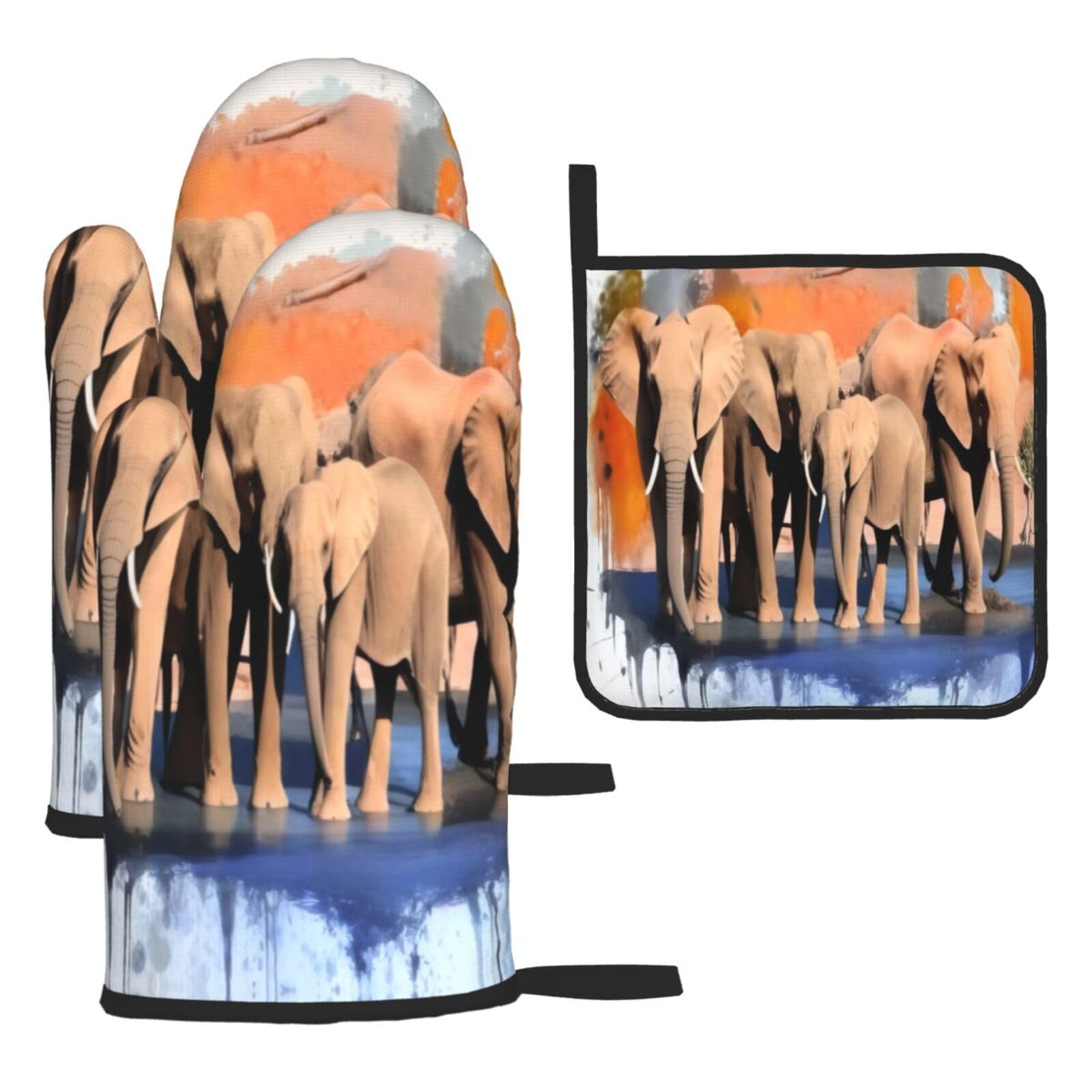 3d Elephants Art 3pcs Oven Mitts And Pot Holders Sets,Waterproof Heat-Resistance Microwave Cooking Oven Gloves,Chef Potholders Mittens,Kitchen Cooking Bbq Gloves And Hot Pads
