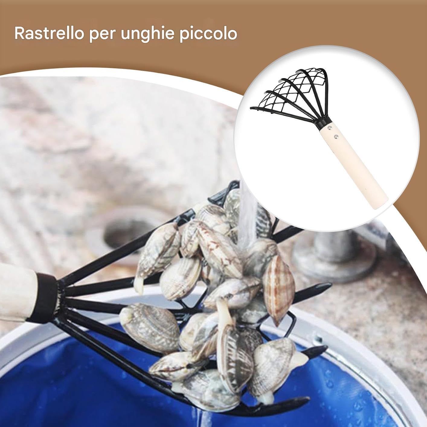 Rastrello da , 5 Denti Artigli per Vongole in Acciaio, Attrezzo Manuale Con Impugnatura Ergonomica Antiscivolo Per Diserbo E Giardinaggio Esterno