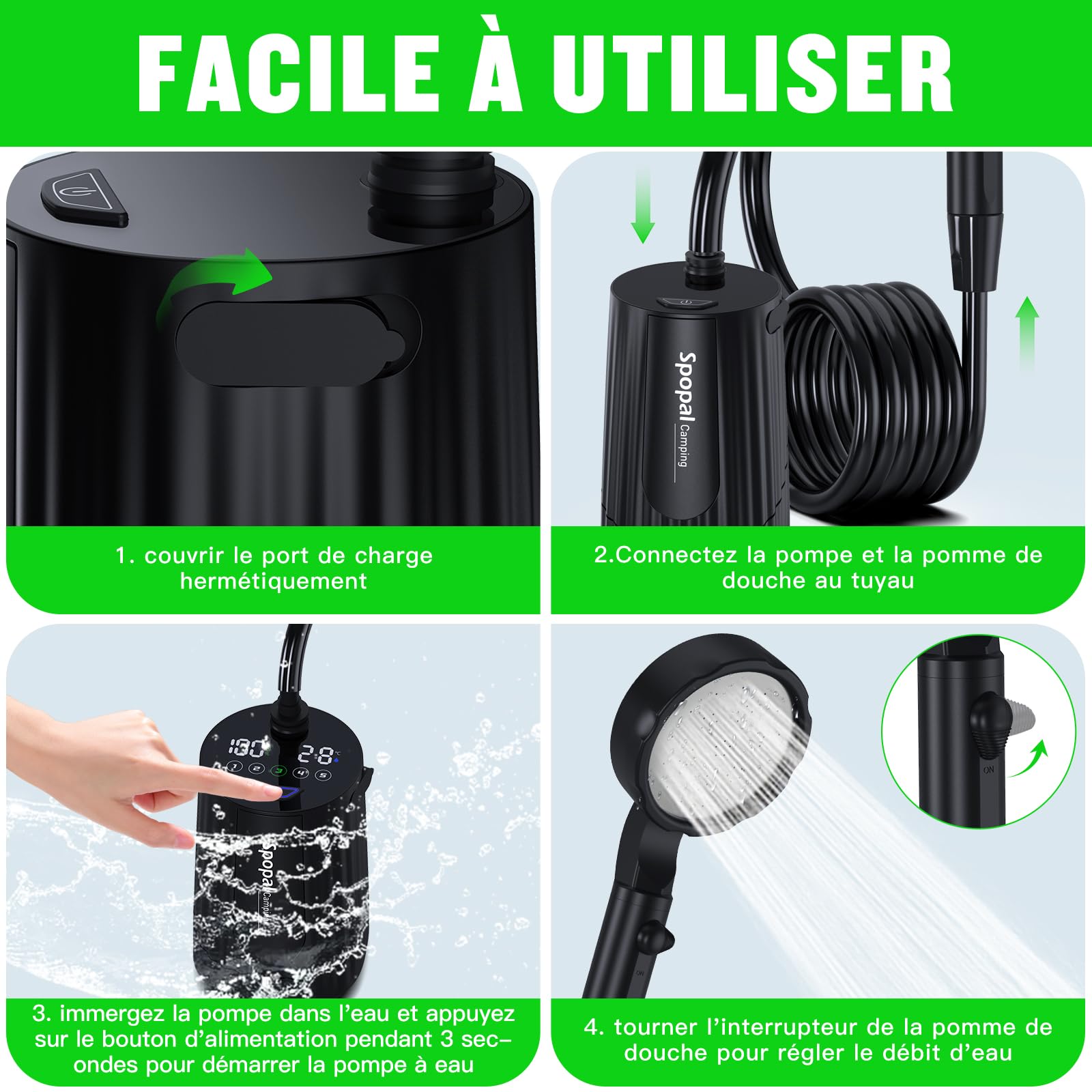 Spopal Douche Portable, Kit Douche de Camping,10000mAh,Douche Camping, Rechargeable, avec Afficheur Intelligent et 5 Vitesses Réglables pour Extérieure,Camping,Voyage,Animaux