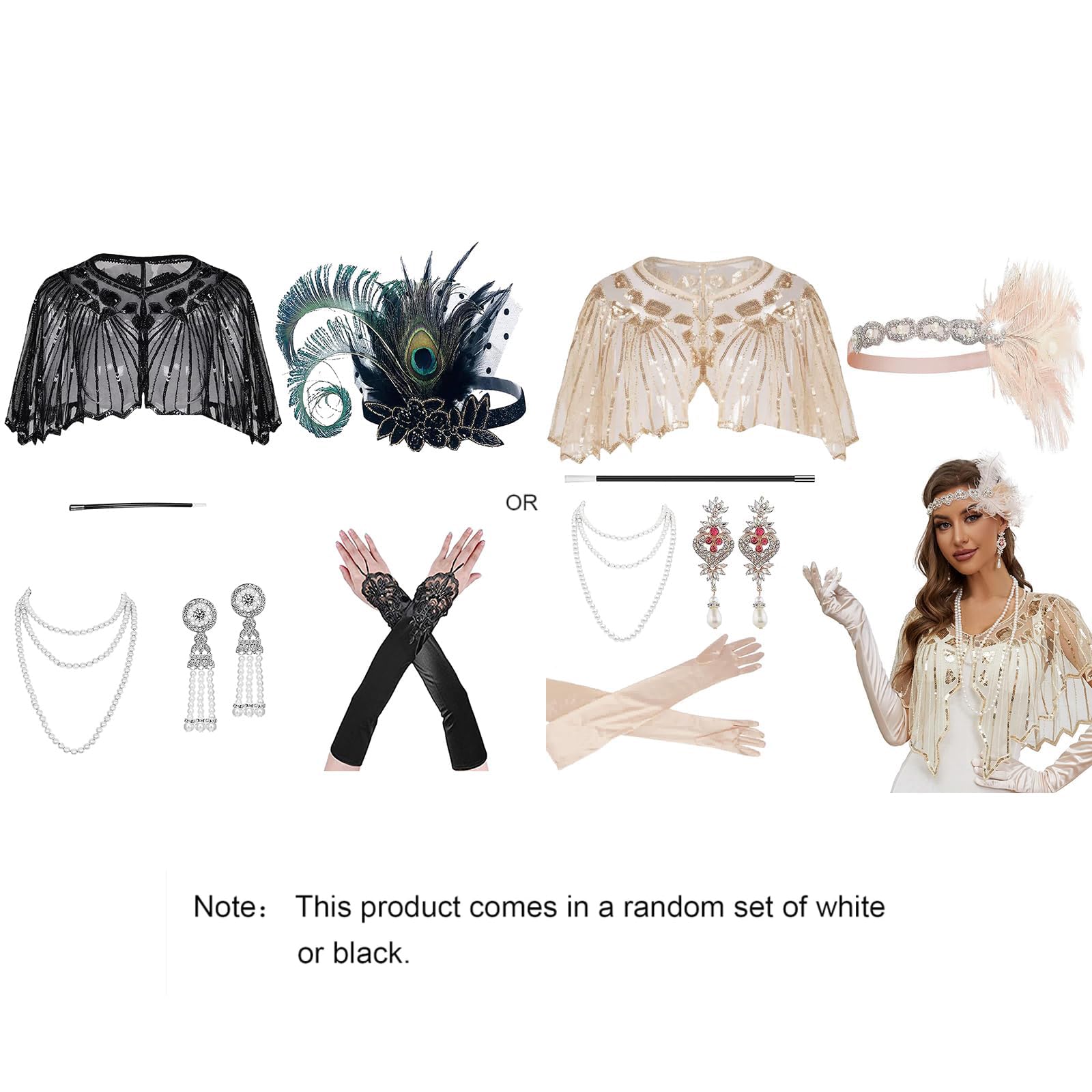 Helltaker 6 Pcs 1920s Accessories Set Womens Feather Headband Pearl Necklace Earrings Gloves Fringed Evening Cape Scarf