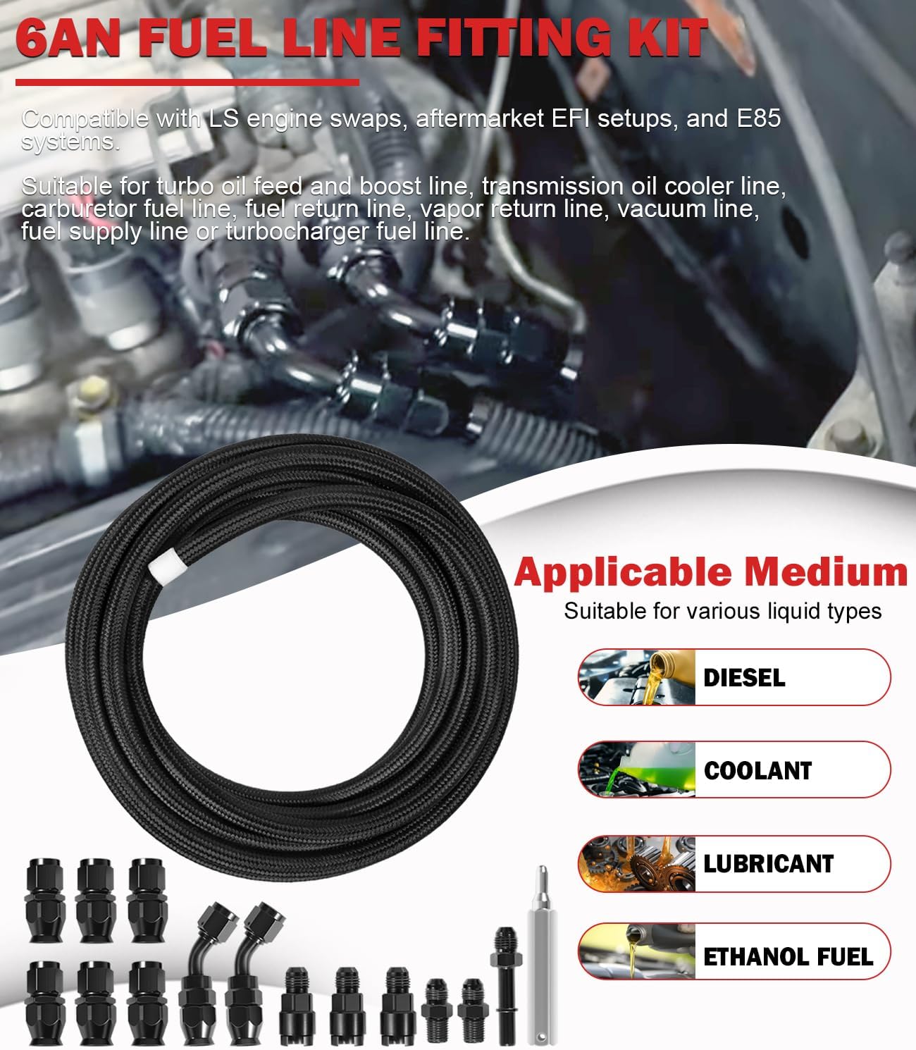 6AN PTFE LS Swap EFI Fuel Line Fitting Kit, 25FT Nylon Stainless Steel Braided Fuel Hose, 3/8" PTFE Fitting