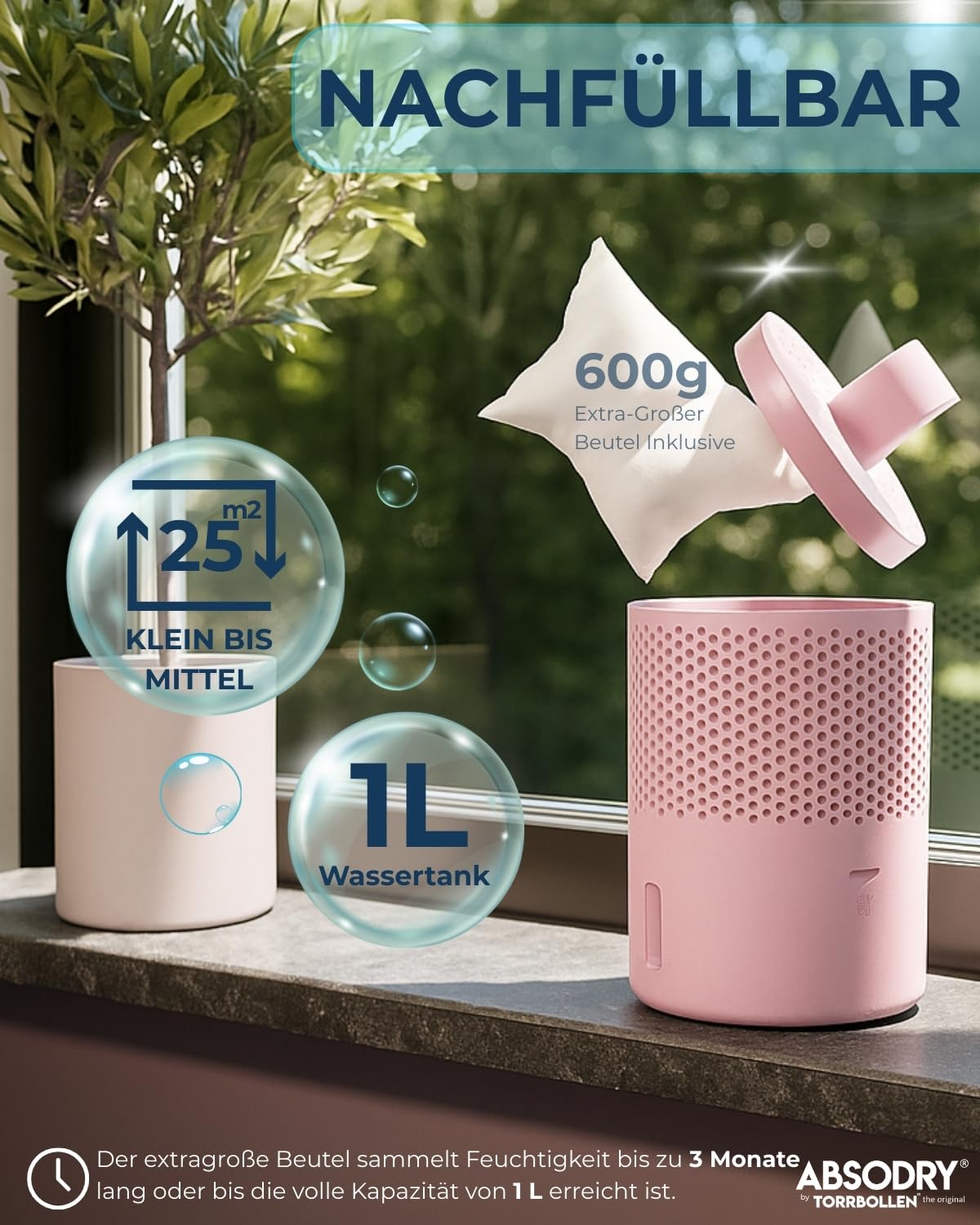 ABSODRY Luftentfeuchter ohne Strom bis - Inklusive Nachfüllpack - Aus recyceltem Kunststoff - Raumentfeuchter für Wohnzimmer Badezimmer Keller - Entfeuchter Wohnung - 4er-Pack (4 X Pink)