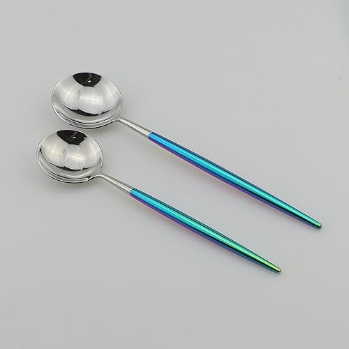 Miniatura 8 de JANKNG Juego de cubiertos Coloful Rainbow Handle Silver de 5 piezas, espejo de acero inoxidable 1810, servicio para 1