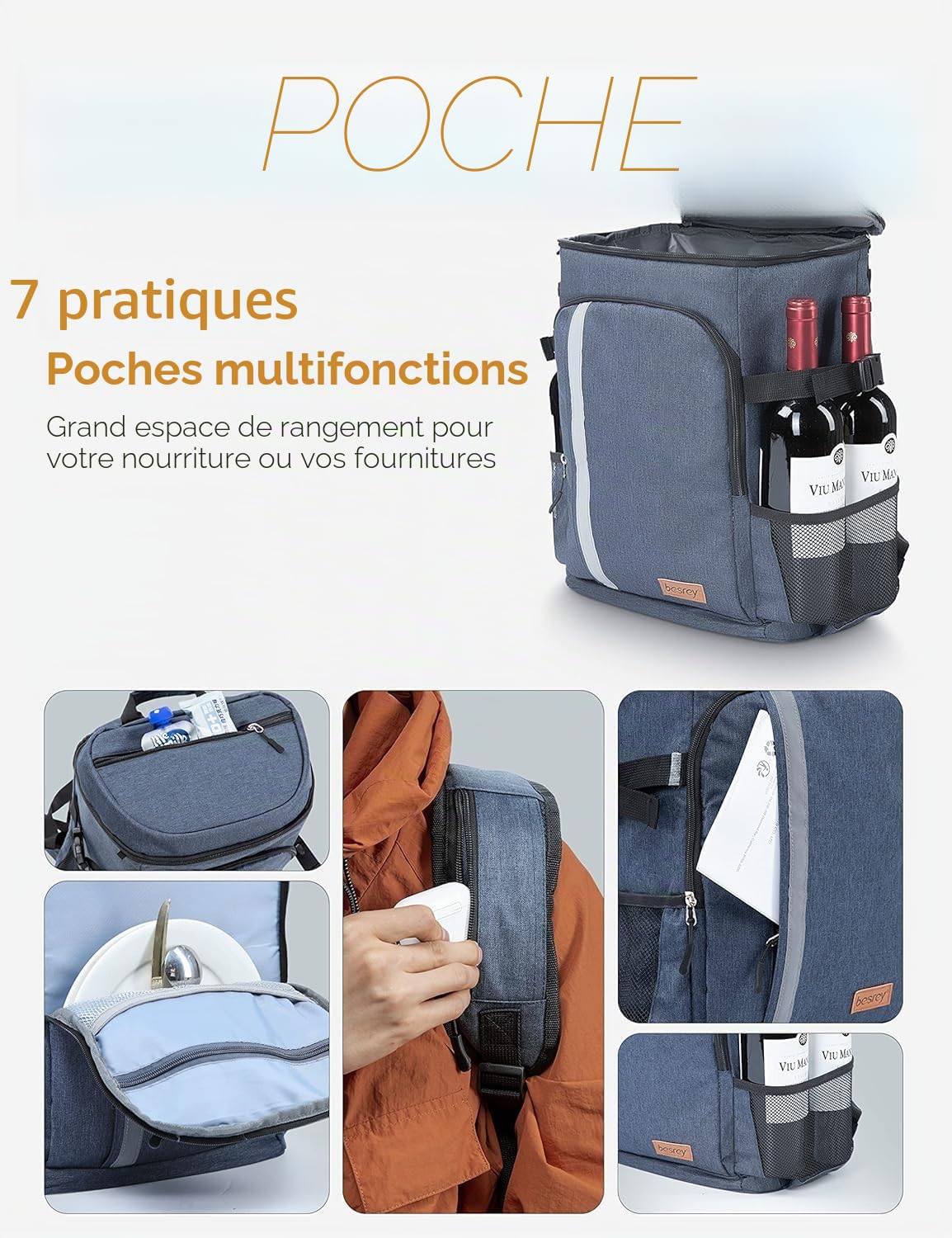 besrey Sac à Dos Thermique 30 litres Sac Thermique ，Sac à Dos Isothermique ，Porte déjeuner Gardez Les Aliments Chauds ou Froids.pour Camping, Pique-Nique, Barbecue, événements (Bleu)