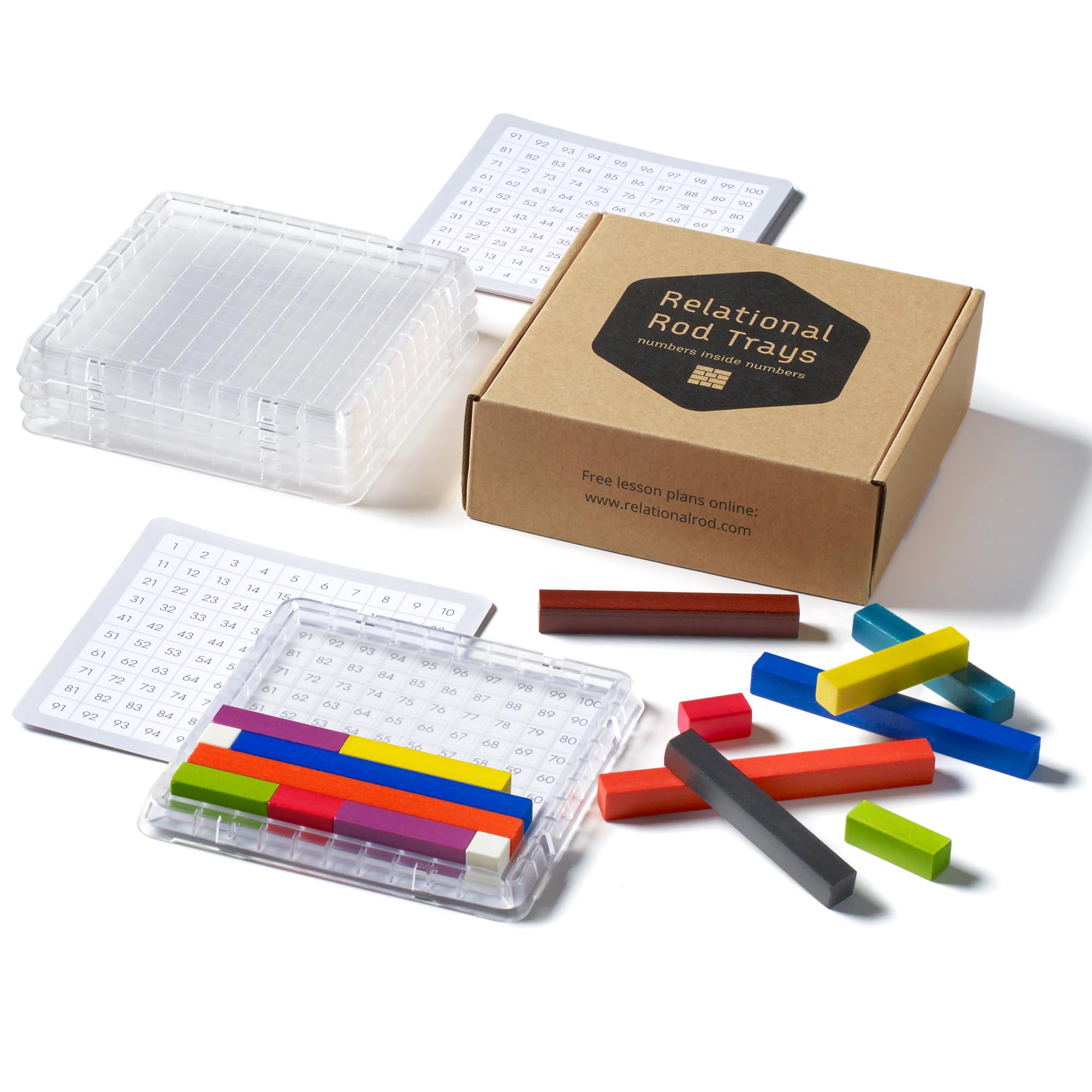 Waterloo Technical Relational Rod Trays for Cuisenaire Rods (Set of 5 Trays & 10 Hundreds Chart Cards) Stackable Classroom Trays, Math Manipulative Tools, Teacher Supplies