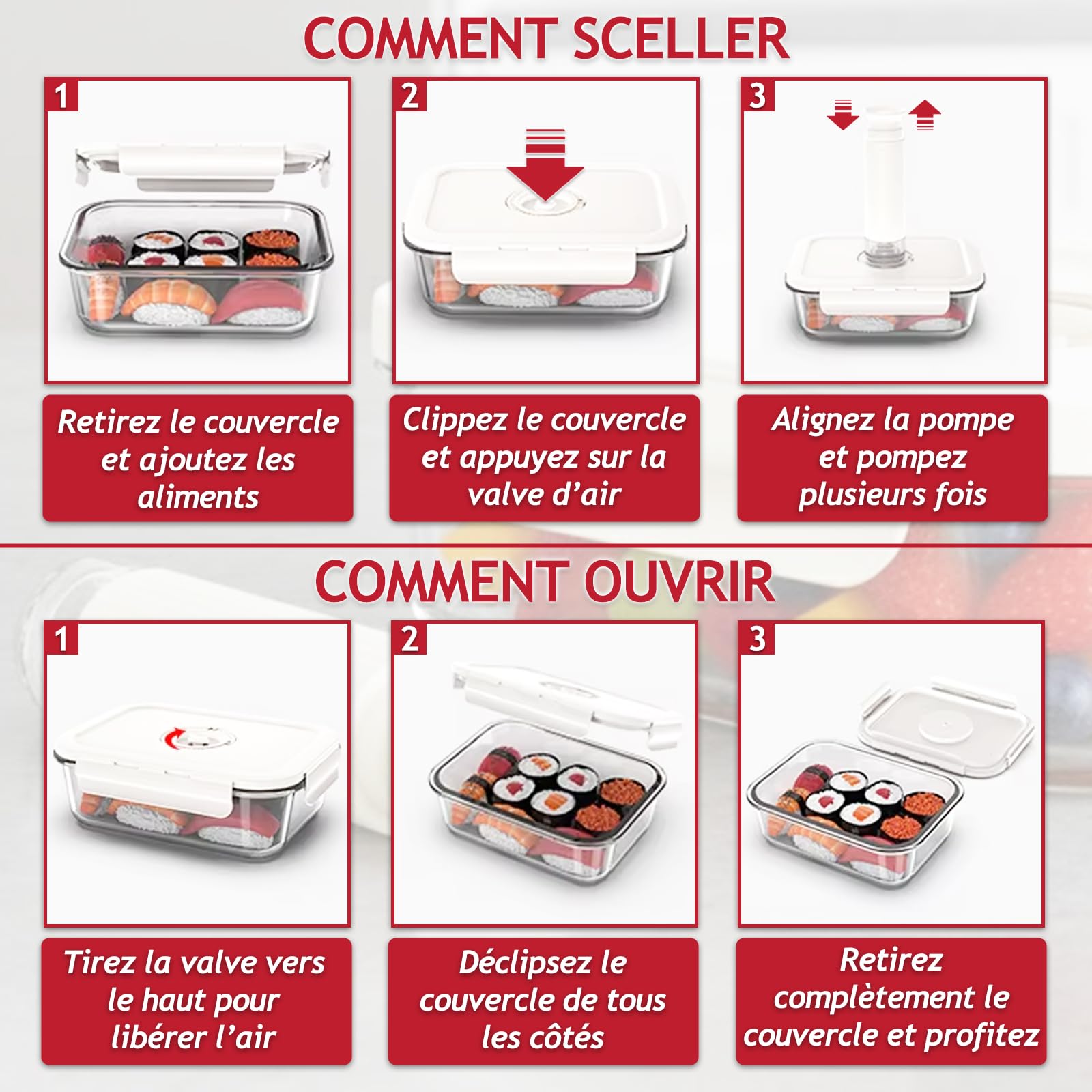 SPARES2GO Boîtes de conservation sous vide en verre avec couvercles à clips (Lot de 5, Petit format, 630 ml) + Pompe manuelle