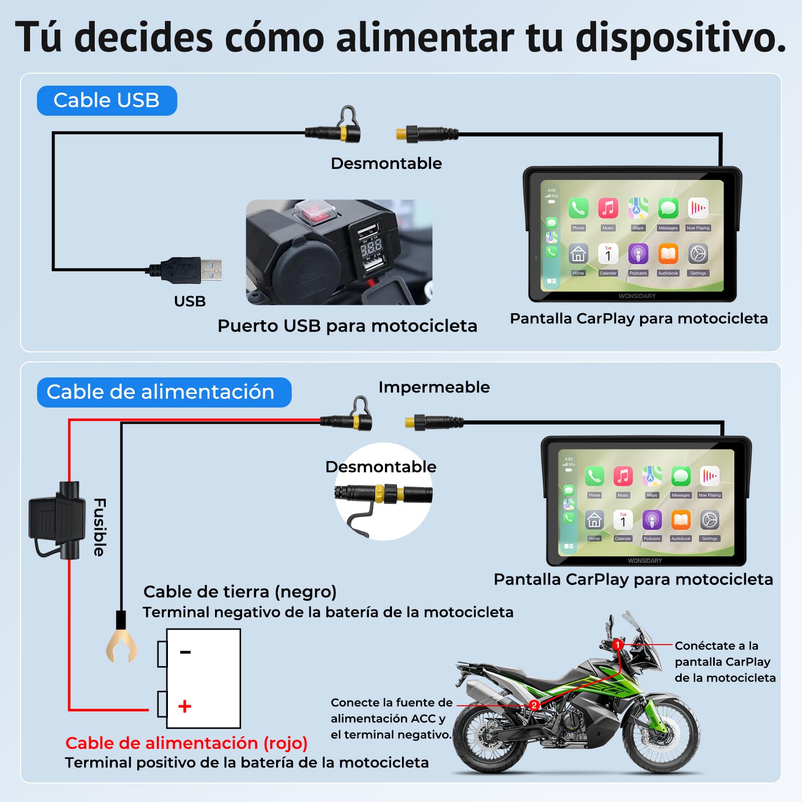 W722TPMS Pantalla CarPlay Moto 7 Pulgadas con CarPlay y Android Auto Inalámbrico,TPMS,GPS Moto IP67 Impermeable,Audio Bluetooth Dual,Control por Voz, EQ,Sensor de Luz,Alimentación USB/Acc