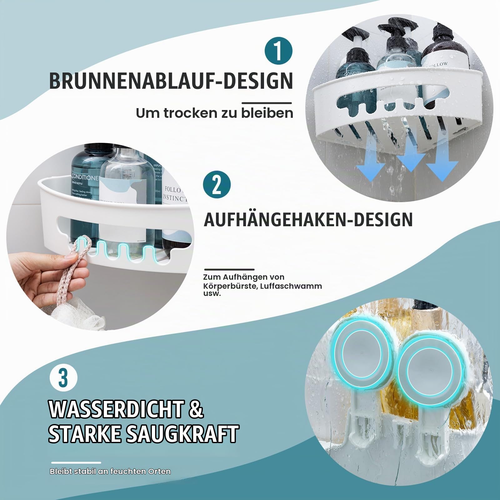 TAILI Duschablage ohne Bohren Duschablage Saugnapf Ecke Extra Stark, Weiß | Saugnapf Dusche Organizer Große Kapazität Bad Organizer Ohne Bohren Badezimmer Zubehör für Shampoo Duschkorb Küche