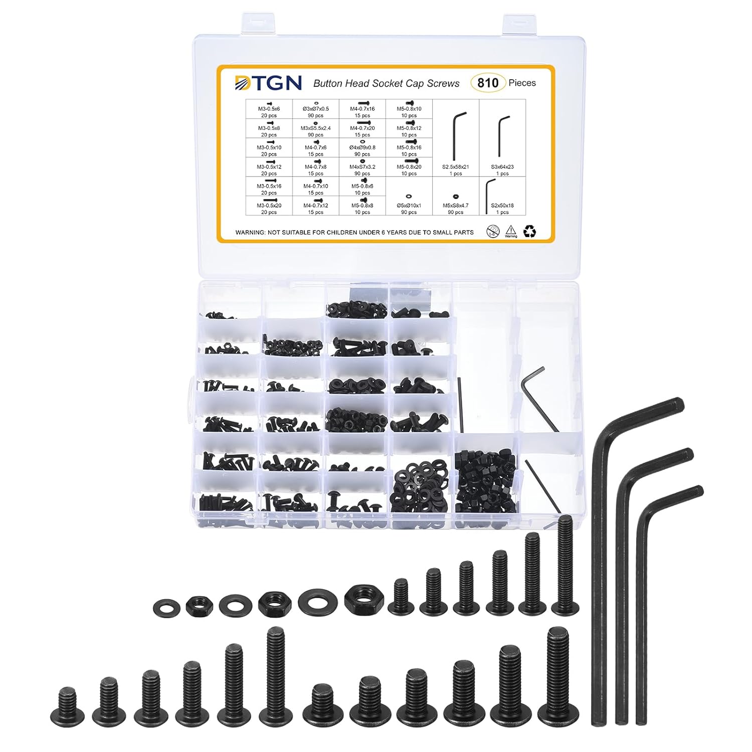 DTGN 810Pcs M3 M4 M5 Button Head Socket Cap Screws - Carbon Steel Bolt Nut Set Washer Assortment Kit & Wrench - Good for Road Bicycle, Mountain Bike, Auto