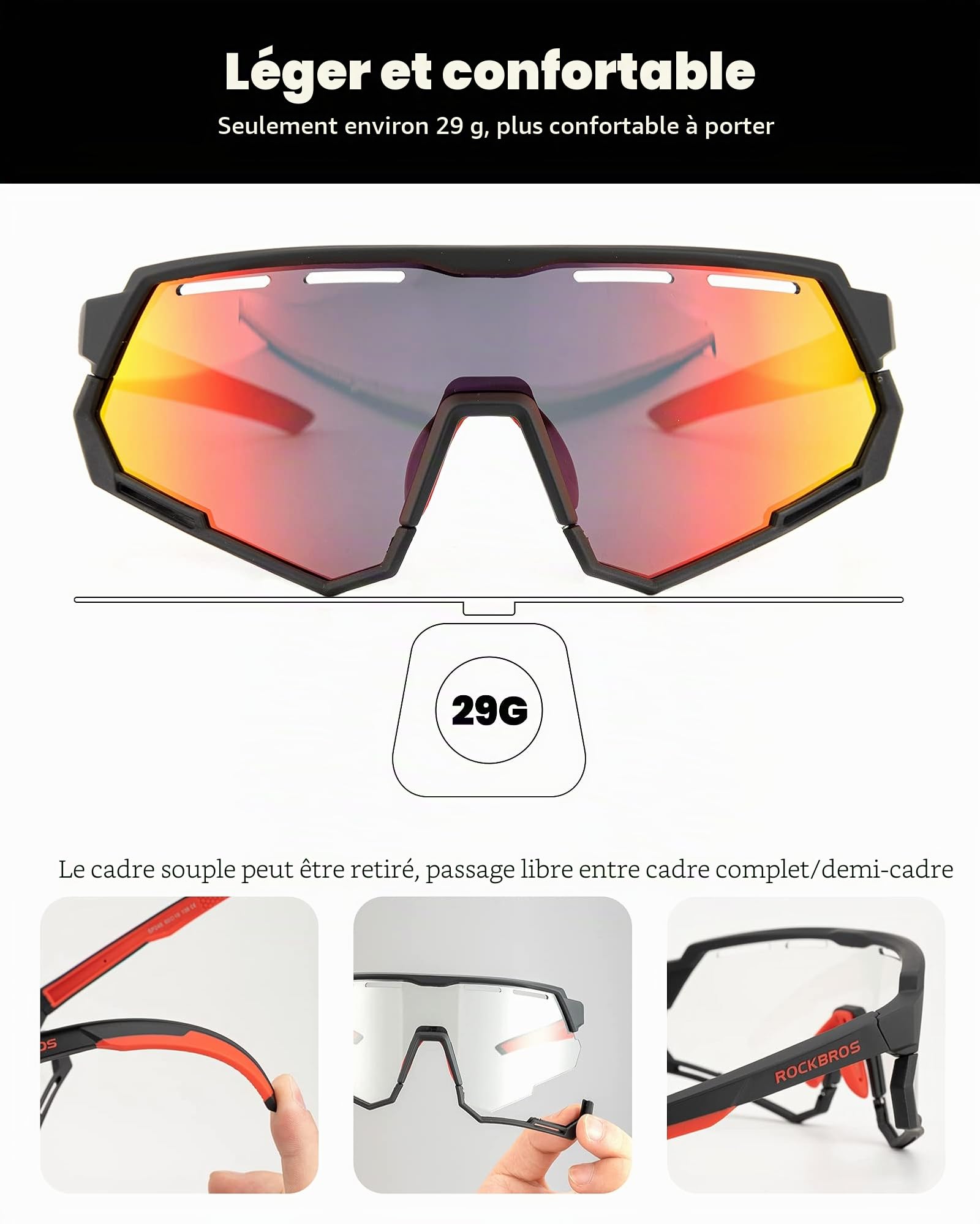 ROCKBROS Lunettes Cyclisme Polarisées Photochromiques 2 en 1 | Verres Interchangeables, Protection UV, Monture Légère pour Running, Jogging, Conduite, VTT et Activités de Plein Air
