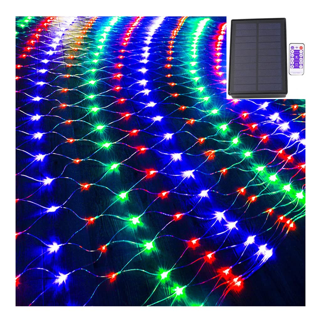 XCJ Solar Net Mesh Stlights Outdoor with Remote Control Decorate Outdoor Led Waterproof Lights for Halloween Christmas Tree Bush Party Wwall Decor/150Cm*150Cm(4.9 * 4.9Ft)-Colored Light