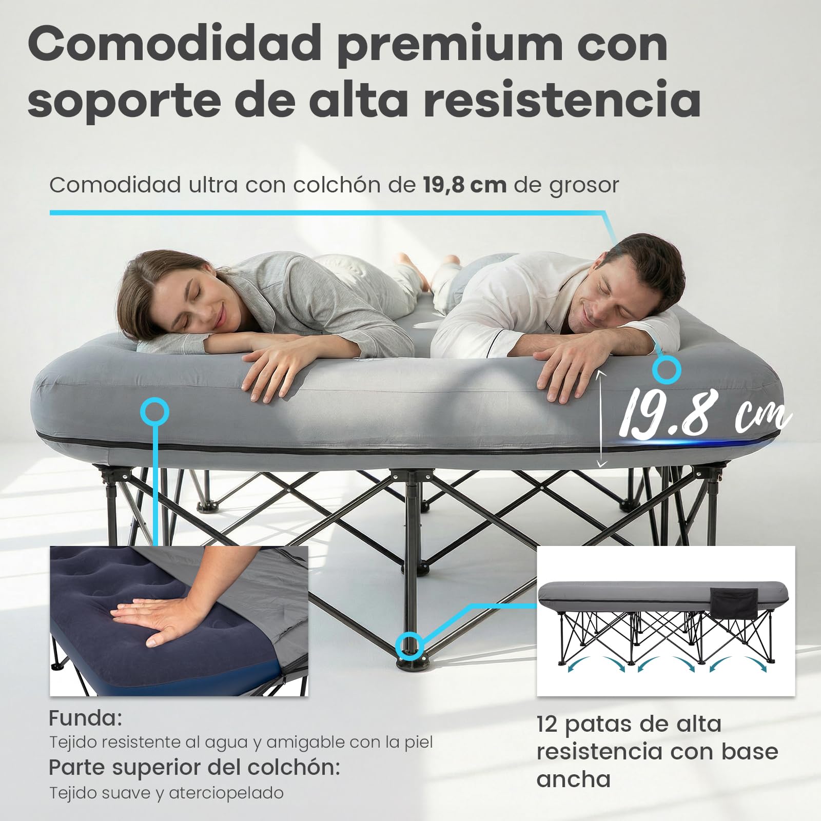 FUNDANGO - Cama de camping doble con bomba eléctrica, colchón hinchable con funda extraíble y lavable, marco plegable, portavasos, bolsa de transporte para adultos, tienda de campaña, invitados (200