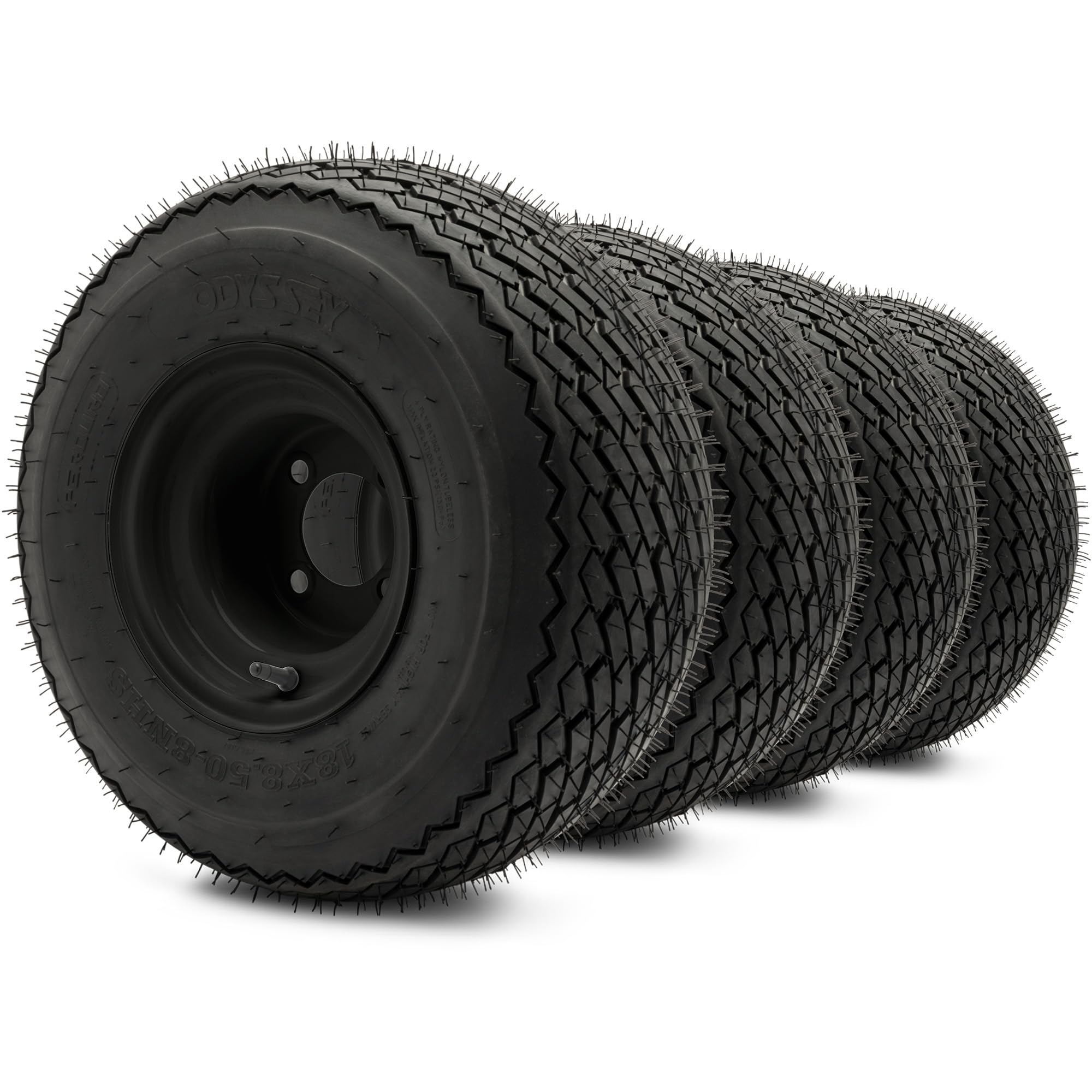 8" Steel Golf Cart Wheels Matte Black and Odyssey Perduro (18/8.5-8) DOT Golf Cart Tires - Set of Four