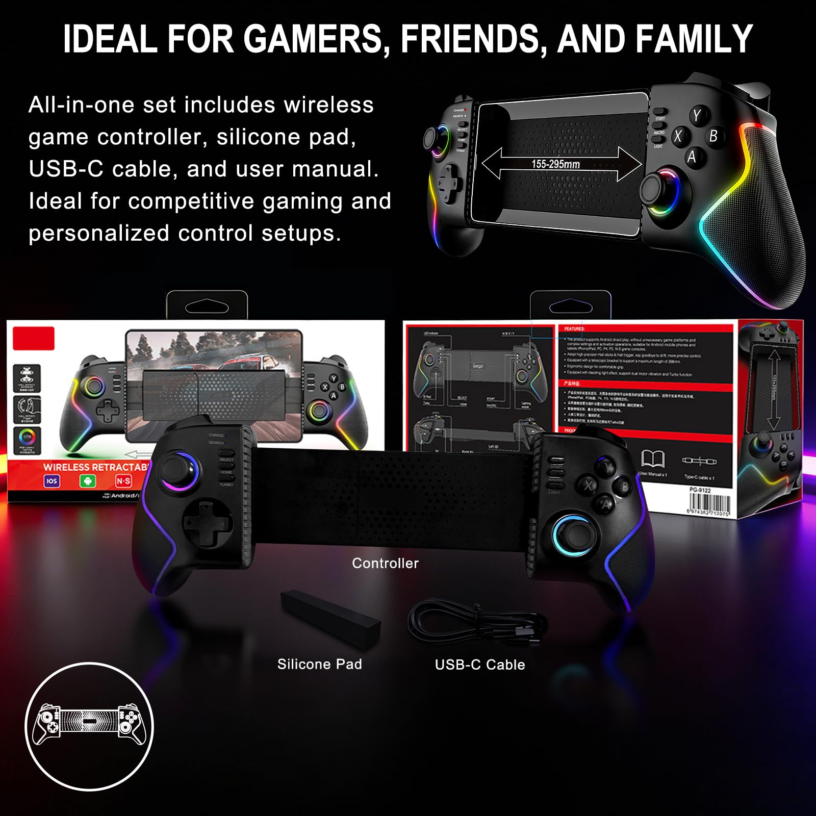 Joso Controller per telefono per iPad 13" e tablet, controller iPhone controllo Android con joystick Hall/trigger/macro/turbo/luce RGB, e morsetto bloccabile per iPad, Play P5/P4/Xbox/PC Streaming e