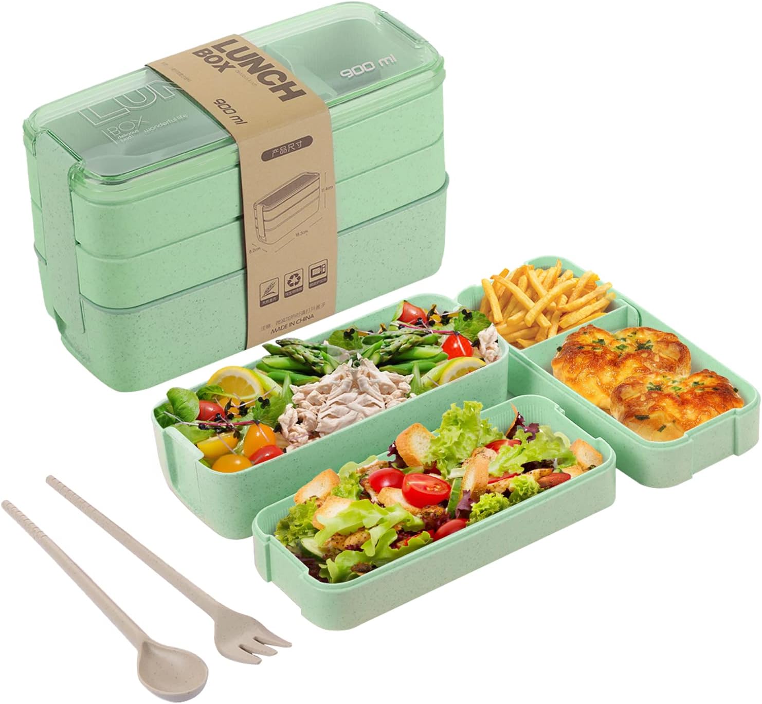 AsFrost Bento Box for Adults, 3-In-1 Meal Prep Container, 900ML Janpanese Lunch Box with Compartment, Wheat Straw, Leak-proof, Spoon & Fork, BPA-free (Green)
