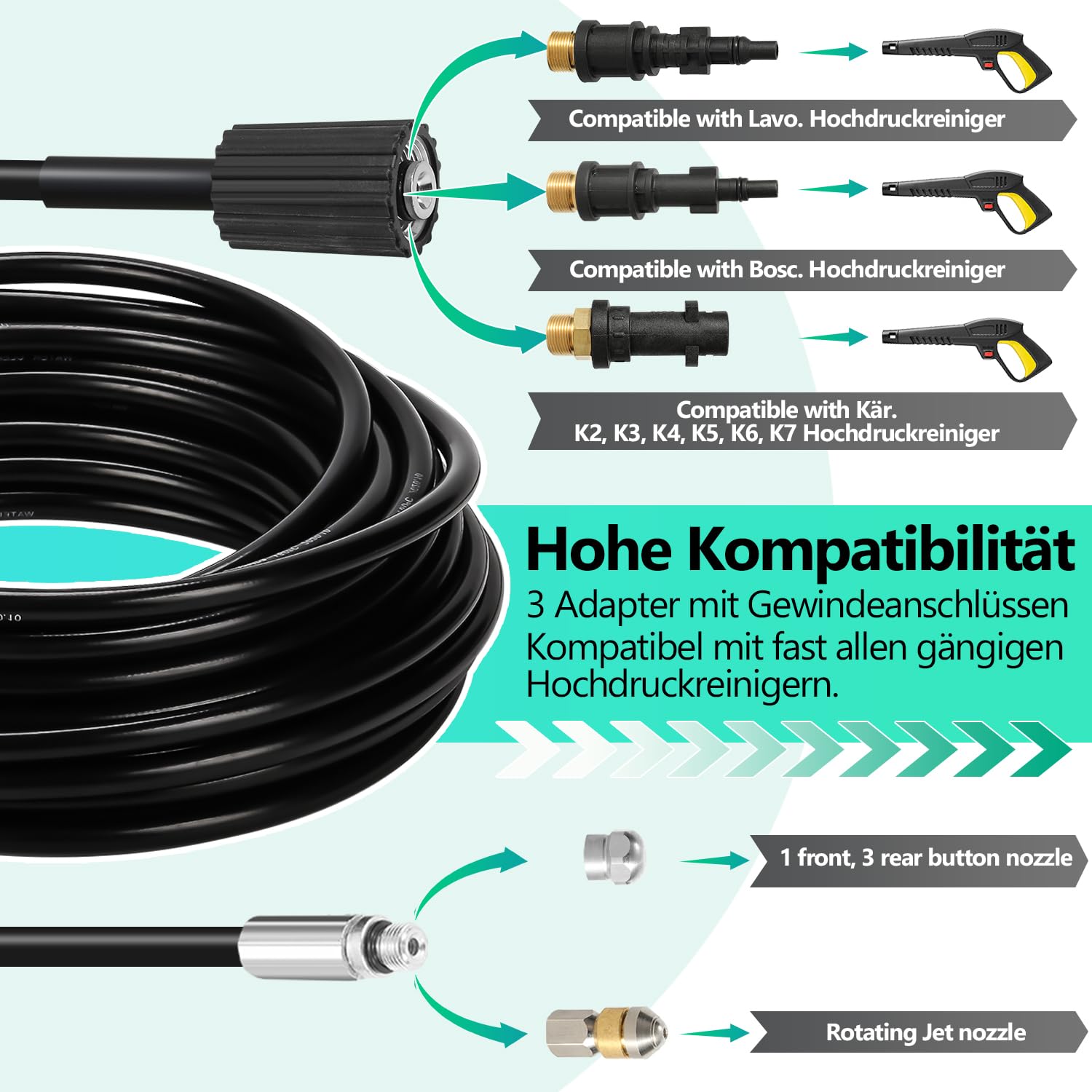 Lospitch Rohrreinigungsschlauch 15 m Set für Kärcher K2 K3 K4 K5 K6 K7 HD Hochdruckreiniger, 160 bar, mit 2 Adaptern und 2 Düsen, starr + rotierend, 1/8 Anschluss, Rohrreinigungsset