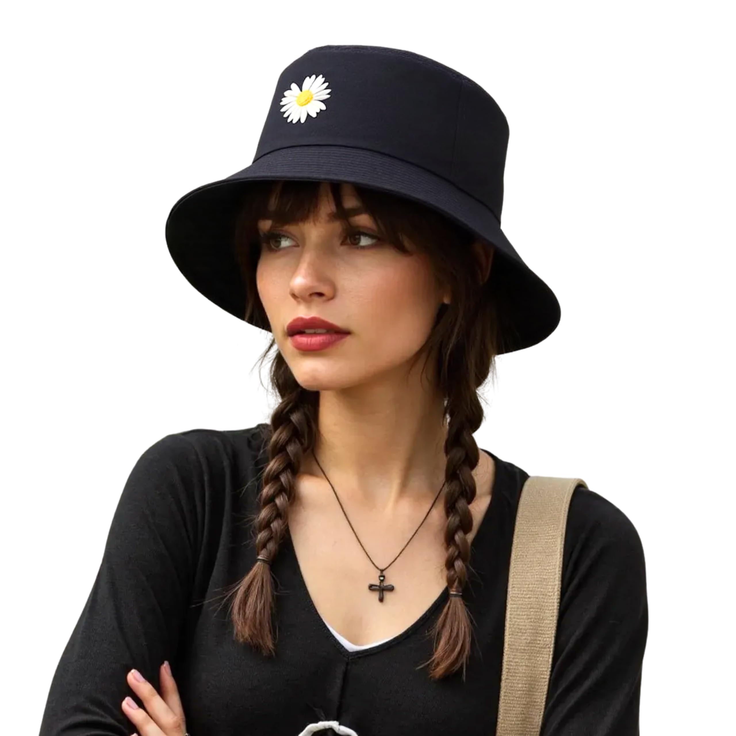 Daisy Bucket Hat - Bucket Hat Daisy Flower Embroidered Beach Summer Cap, Sun Protection Outdoor Hats for Women and Men Black-image-45