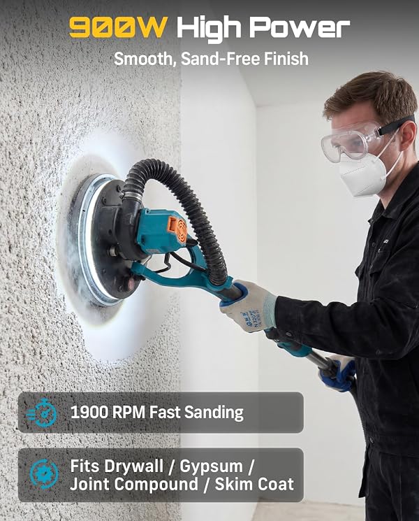 SEESII Cordless Drywall Sander with Vacuum,900W 1900RPM 2x4.0Ah Battery,Popcorn Ceiling Remover Tool,Brushless Low Noise Variable Speed,Wall Sander for Painting Prep,Foldable Telescopic,LED,12 Discs by Seesii - Image 5