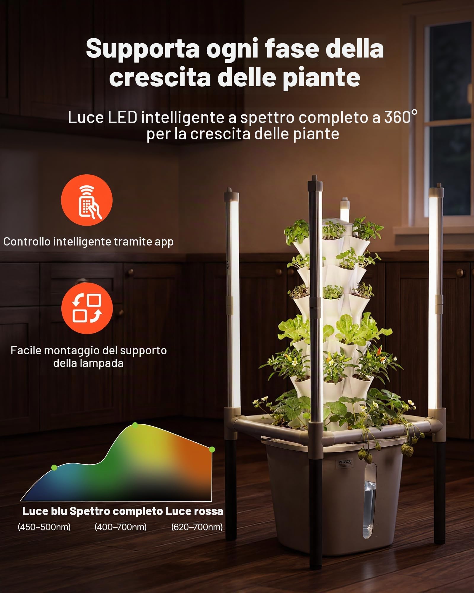 VEVOR Torre Idroponica 6 Ripiani, Sistema di Coltivazione per Piante Erbe Aromatiche Frutta Verdure Lampada LED per Coltivazione Crescita Controllo App, Torre Idroponica Serbatoio 20 Litri