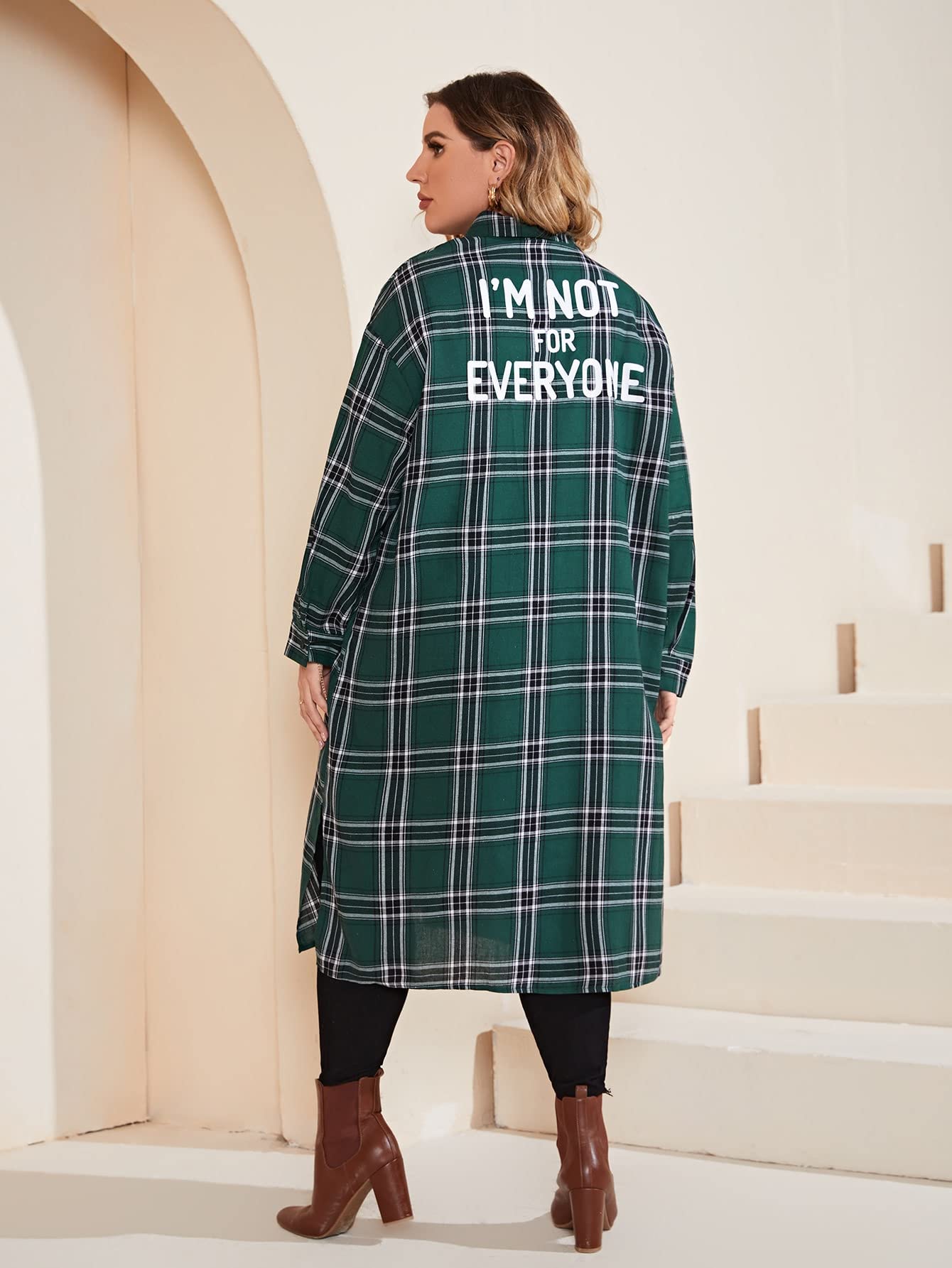 WOKEZWOKEZ Plus Tartan Slogan Graphic Drop Shoulder Blouse (Size : 3XL)