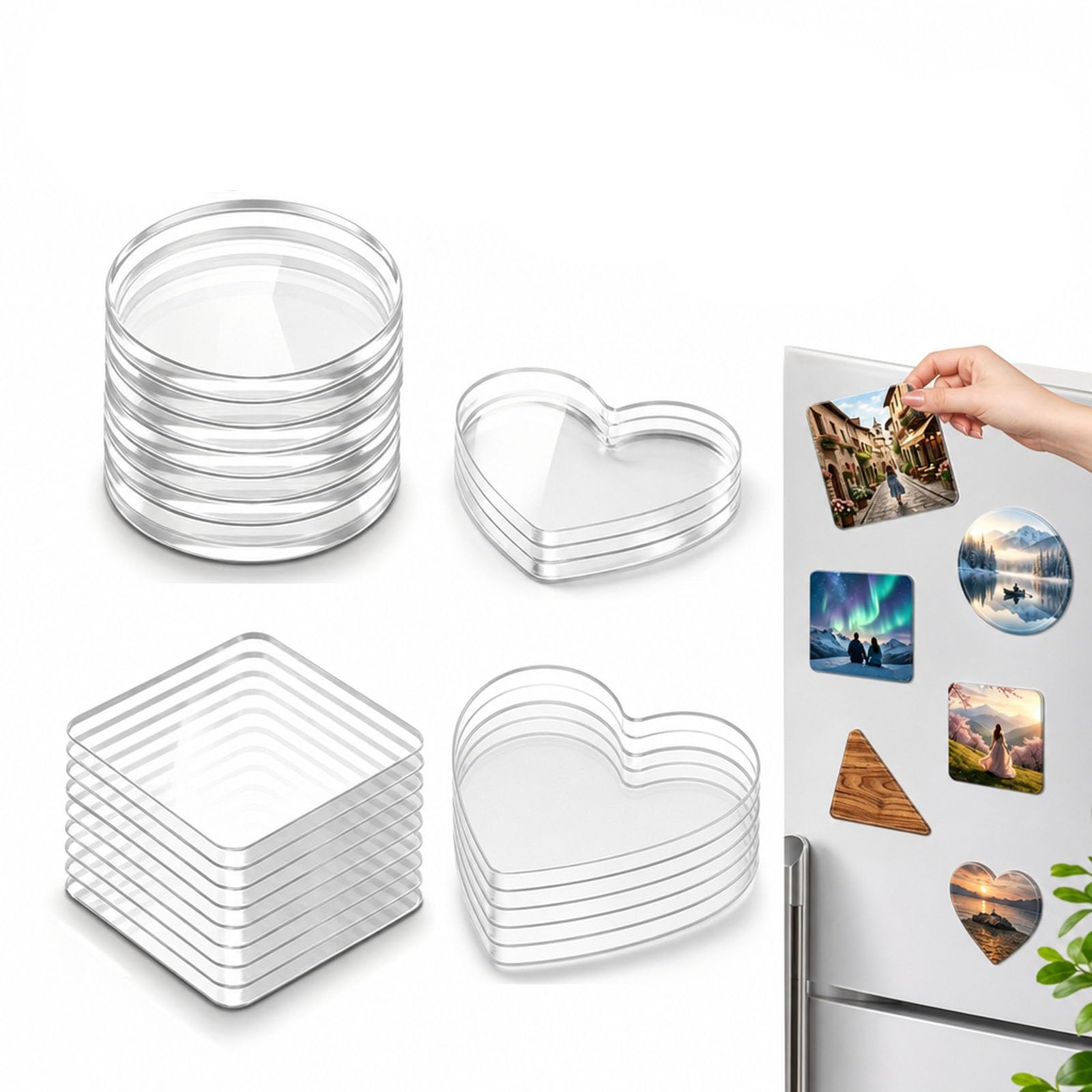 24-Piece DIY Fridge Magnet Kit, Clear Acrylic Fridge Magnet Kit, 8 Circles, 8 Squares, 8 Hearts, Each 5x5x0.2 Cm; Ideal for Home Decoration and Creative Projects