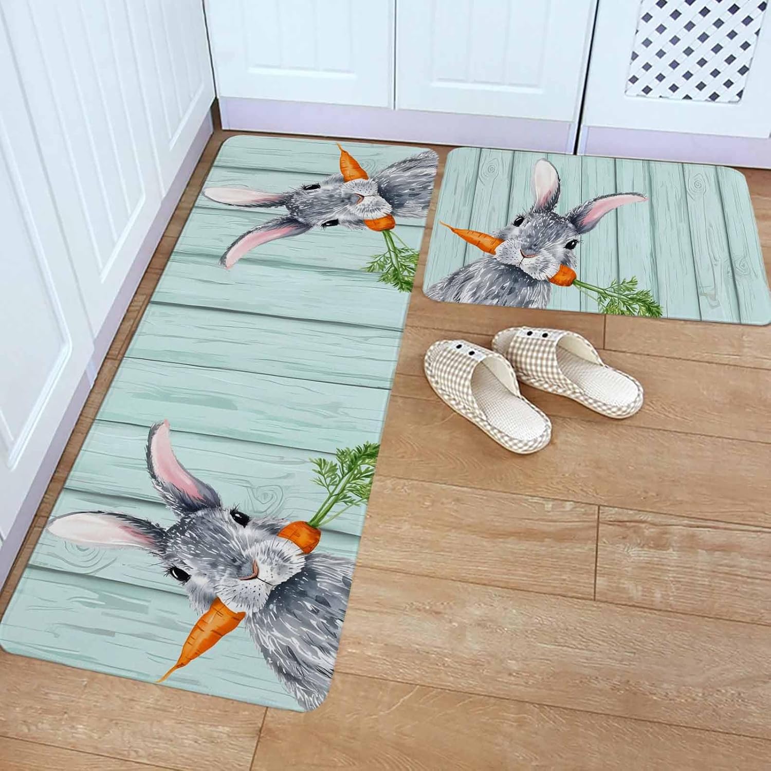Easter Kitchen Rugs and Mats Set of 2, Non-Slip Kitchen Sink Mat, Spring Rabbit Botanical Carrots Green Wooden Grain Washable Doormat Bathroom Rugs Runner for Bedroom 23.6"x35.4"+23.6"x70.9"