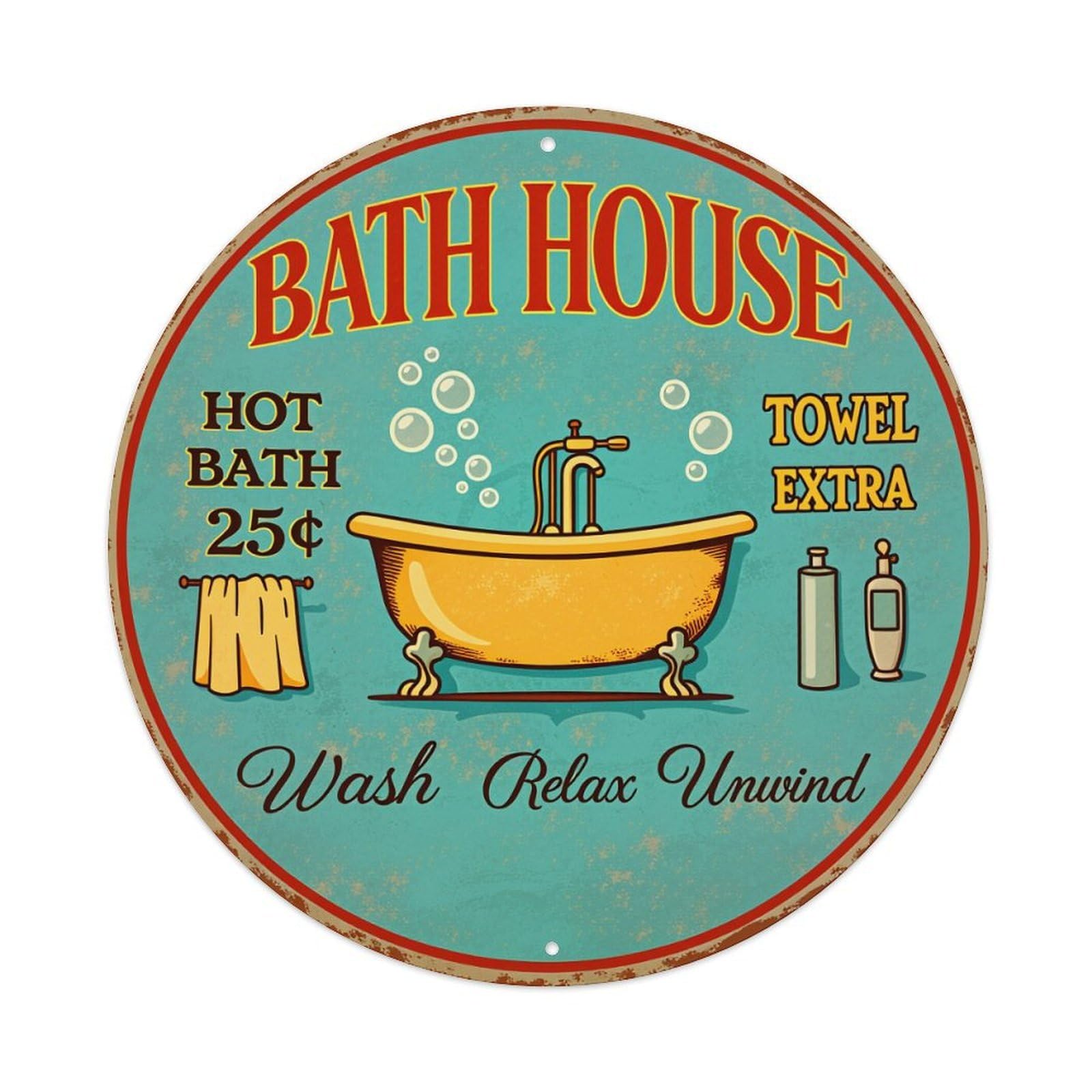 Lzwbntey Vintage Bath House Sign Style Metal Tin Sign Retro Wall Decor For Home Bar Garage Cafe, Indoor & Outdoor Decorative，Circle Metal Poster, 8X8 Inch