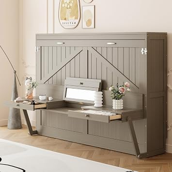 Queen Size Wall Murphy Cabinet Bed with 2 Storage Side Drawers, Foldable Horizontal Murphy Bed with Desk, Mirror, Space Saving, for Kids Adults, No Noise, Gray