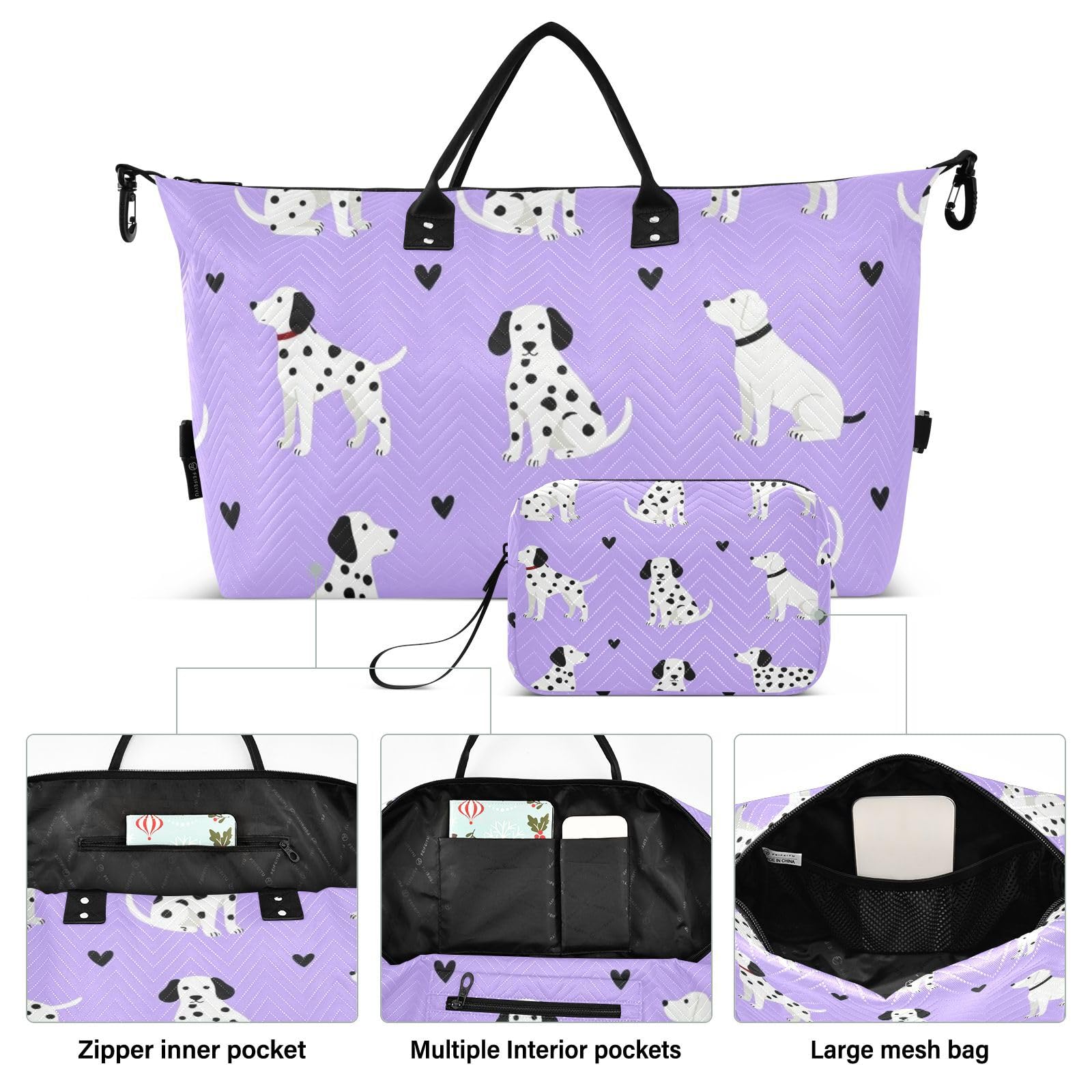 Reisetaschen-Set, große Tasche und Mini-Tasche, gesteppte Reißverschlussfächer, stabile Geschäftsreise, Dalmatiner-Violett, One Size, Klassisch