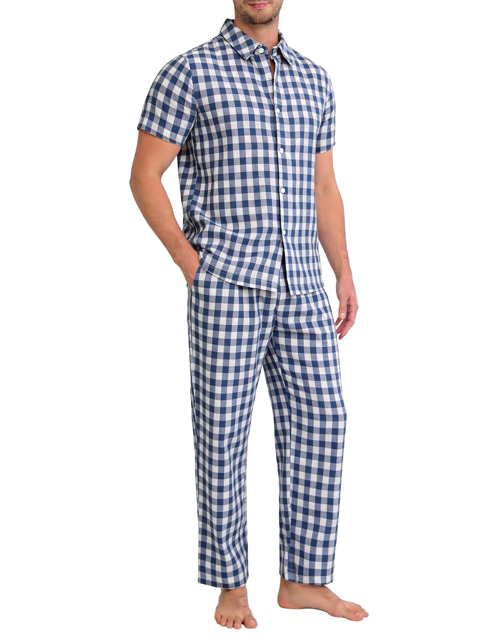 Sykooria Mens 100% Cotton Pajama Set Short Sleeve Sleepwear Button Down Pj Loungewear with Pockets S-3XL