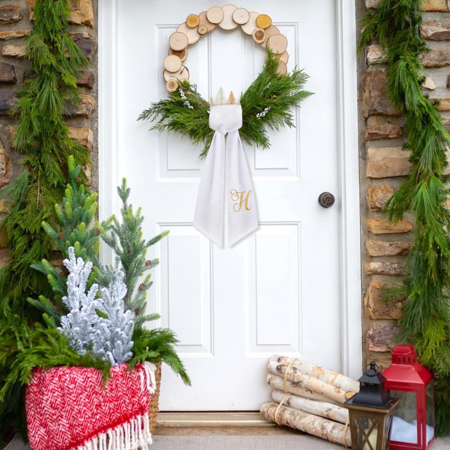 2 Pack Wreath Sash for Front Door Monogrammed Embroidery Wreath Sash for Boxwood Front Door Porch Wreath Garland Decor(Letter H) image 4