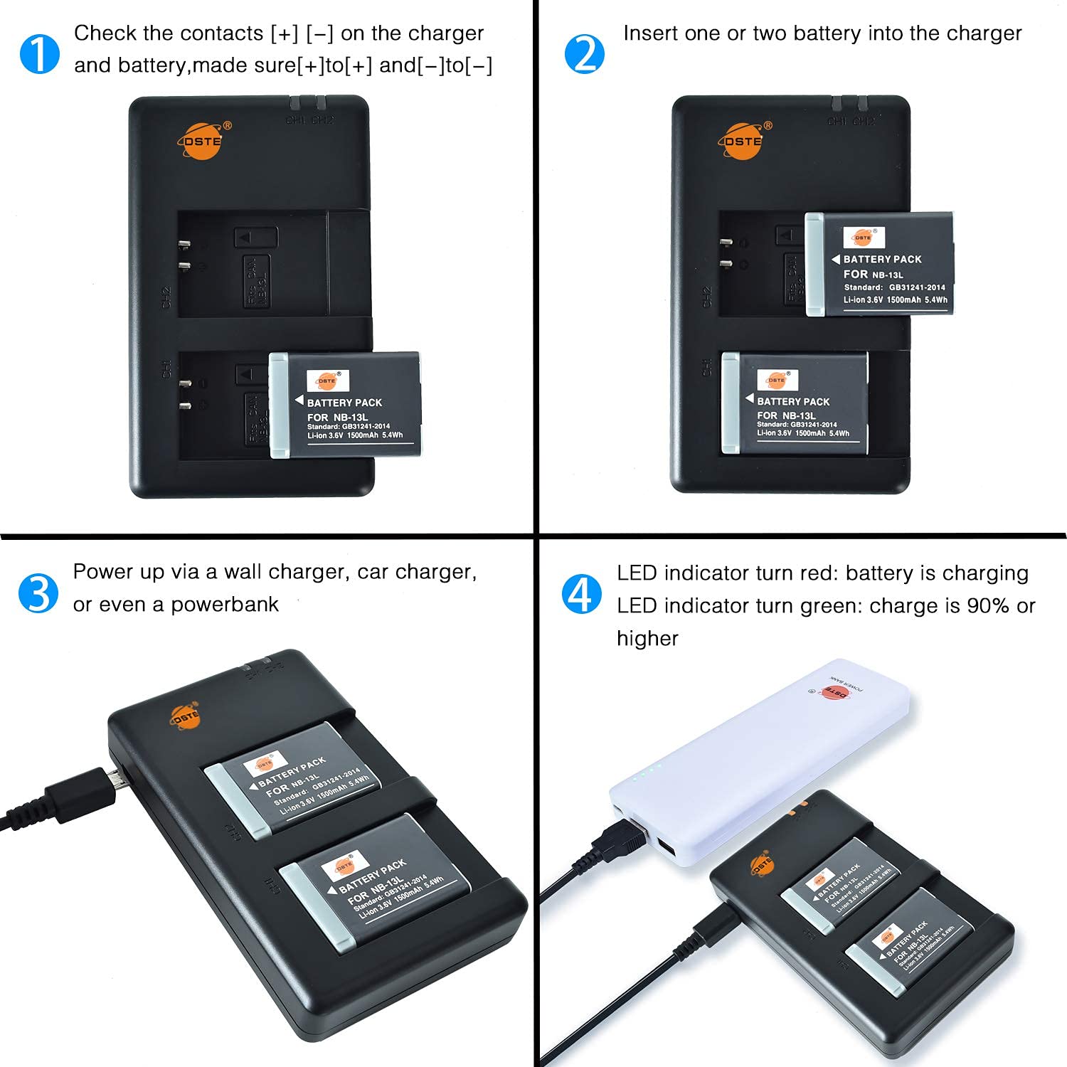 DSTE 2PCS NB-13L Batterie & Chargeur Compatible pour Canon G5X, G7X, G9X, G5X Mark II, G7X Mark II, G9X Mark II