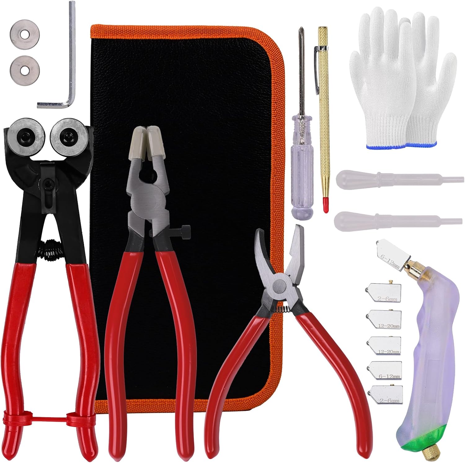 20 PCS Glass Cutters Tools - Glass Cutting Tweezers Tool, with 6 Tungsten Steel Cutting Heads & Tile Nippers & Glass Running Pliers & Glass Cutting Pliers & Gloves, for Glass, Stained Glass, Tiles
