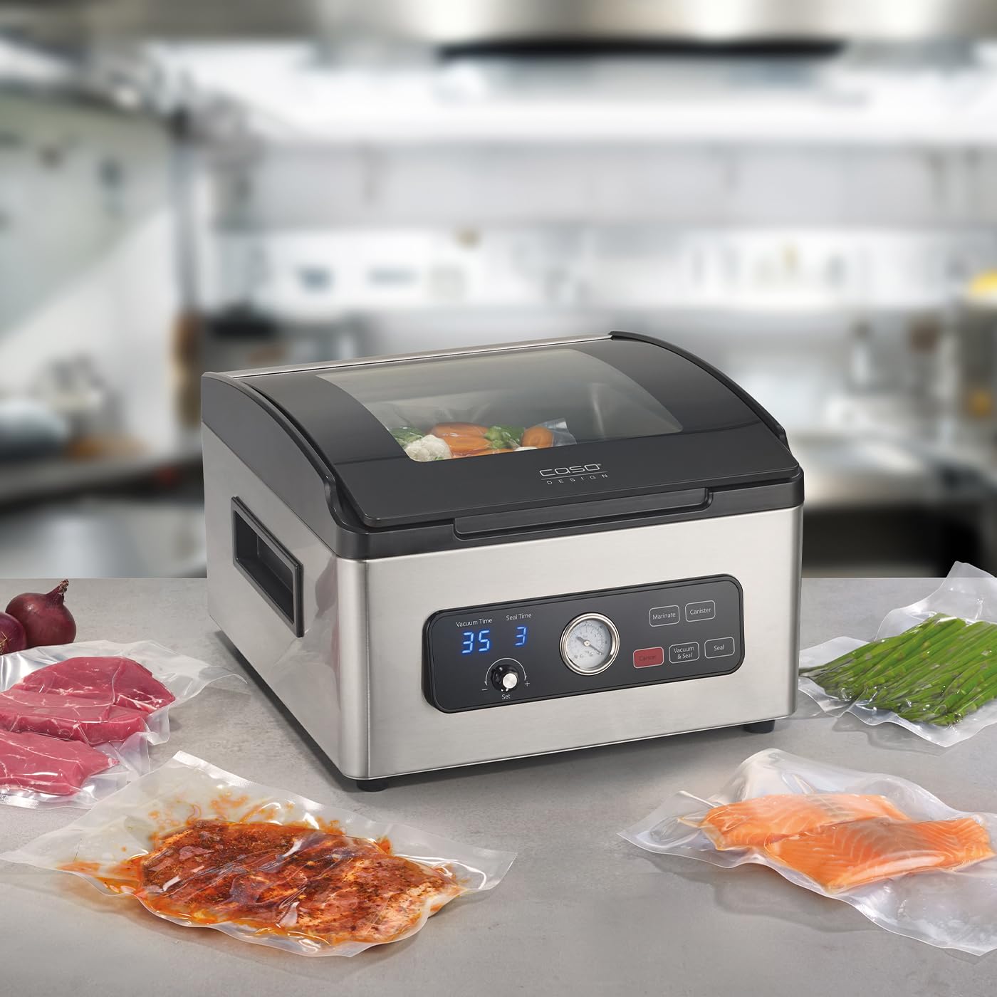 CASO VacuChef 700 - Sellador al vacío de cámara de acero inoxidable de 8 litros, fuerte bomba de vacío profesional de 70 litros/minuto, tapa de vidrio templado, para alimentos