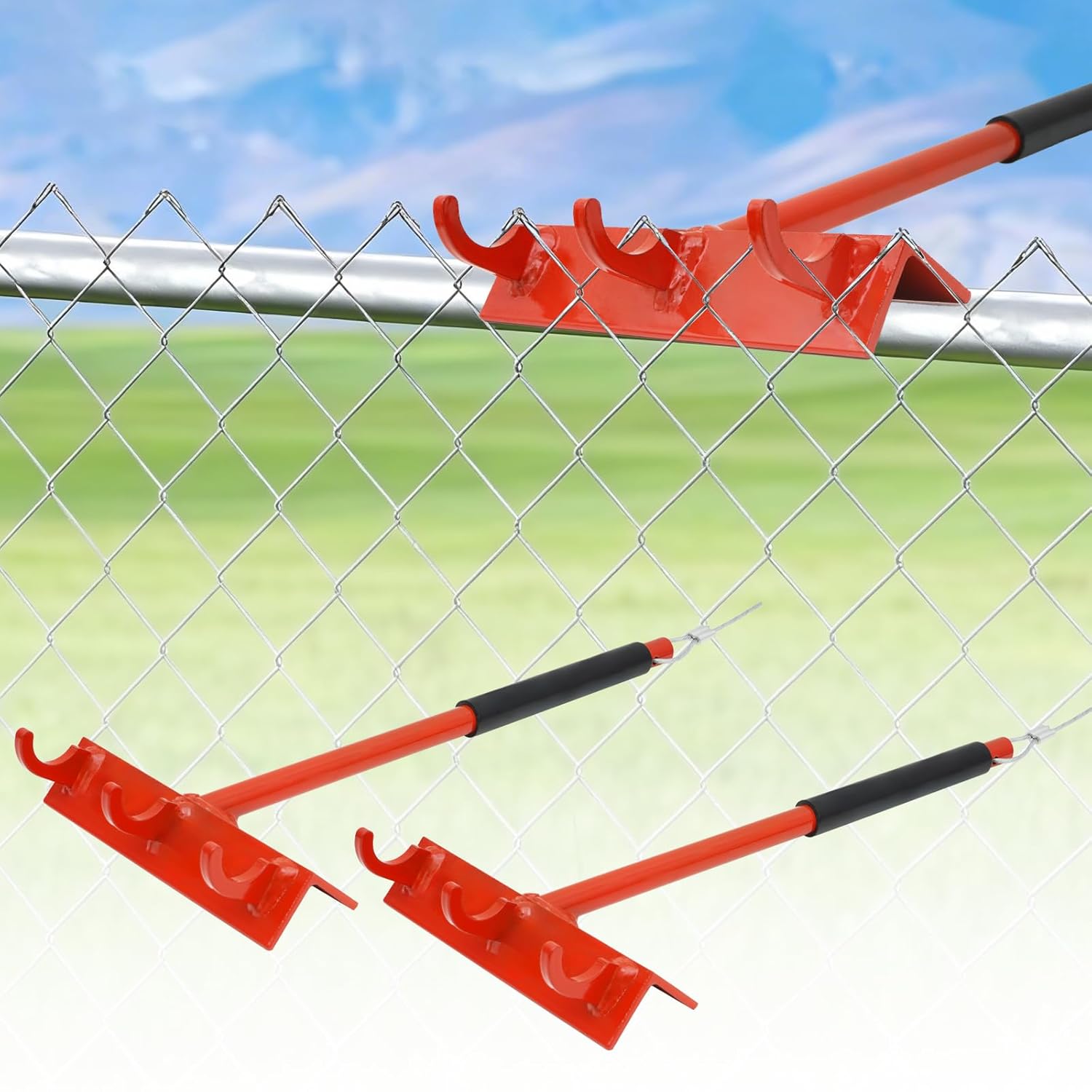 2 Pack Chain Link Fence Top Rail Stretcher Tool, Heavy Duty 15.7 Inch Chain Link Fence with 3 Metal Hooks & 28”Cable Hook,Chain Link Fence for Farm, Ranch and Industrial Fencing