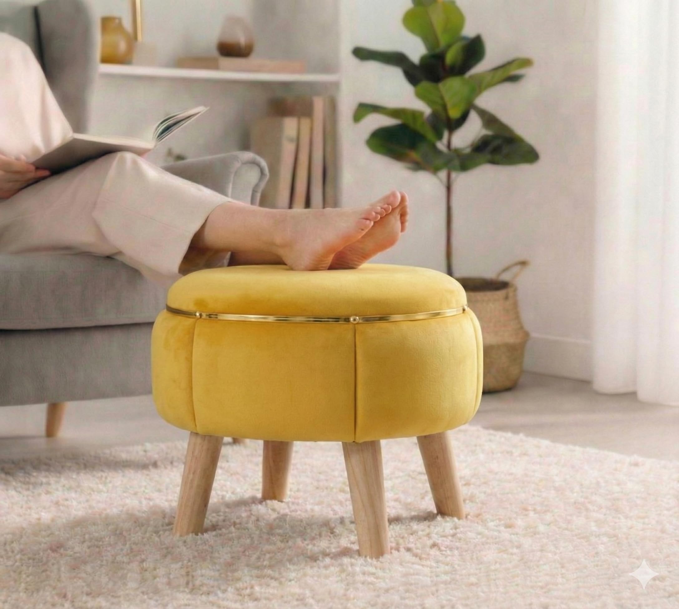 Velvet Upholstered Round Ottoman Footstool | Anti-Slip Feet | Multipurpose Footrest, Step Stool & Vanity Seating & Décor | 40 x 30 cm (16 x 12 Inch) | Yellow-image-27