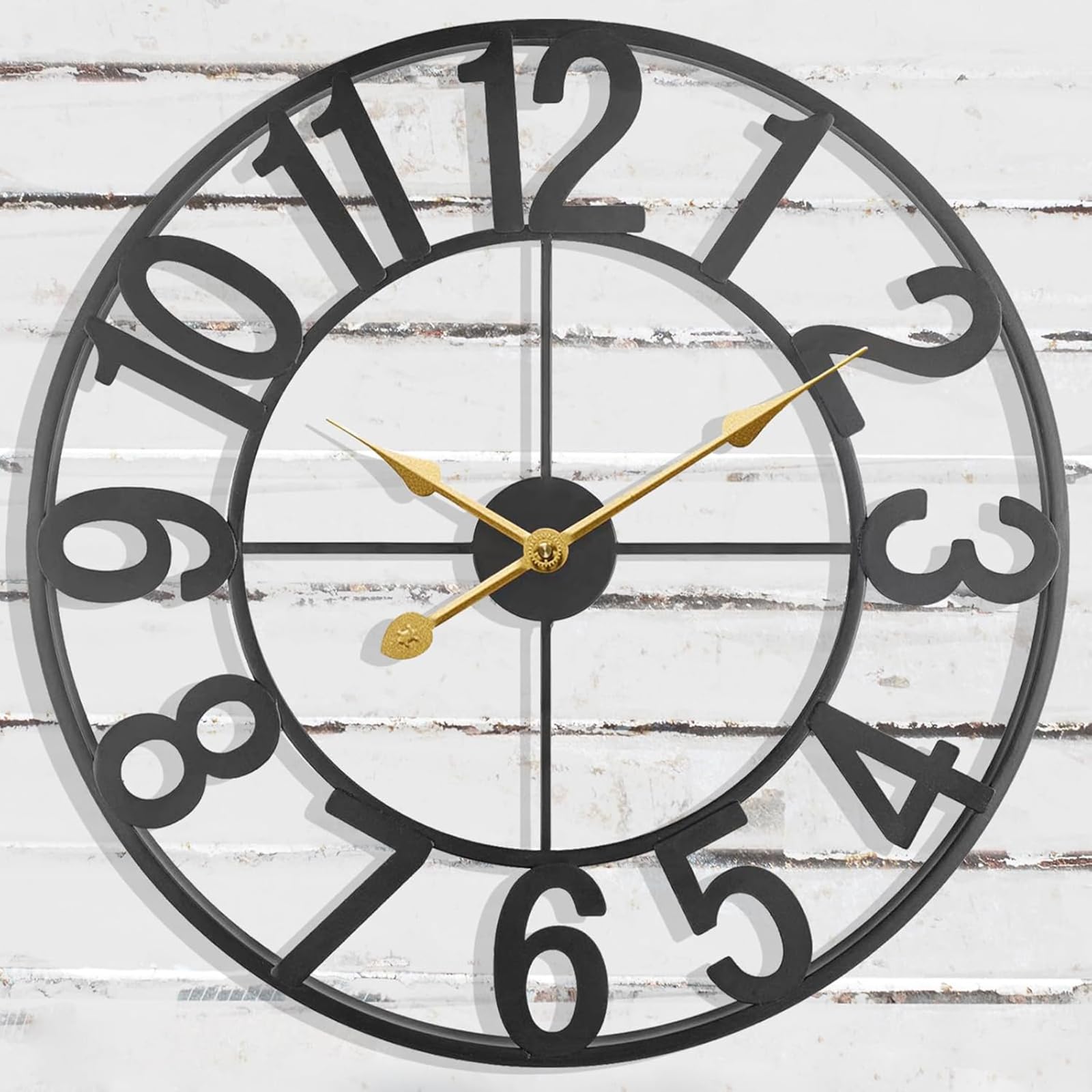 d'or,Horloge Murale extérieure de 24 Pouces à Piles, Grande Horloge extérieure, Horloge décorative Moderne en métal Noir pour Patio, Piscine, Cuisine, Jardin, terrasse, Ferme, Salon
