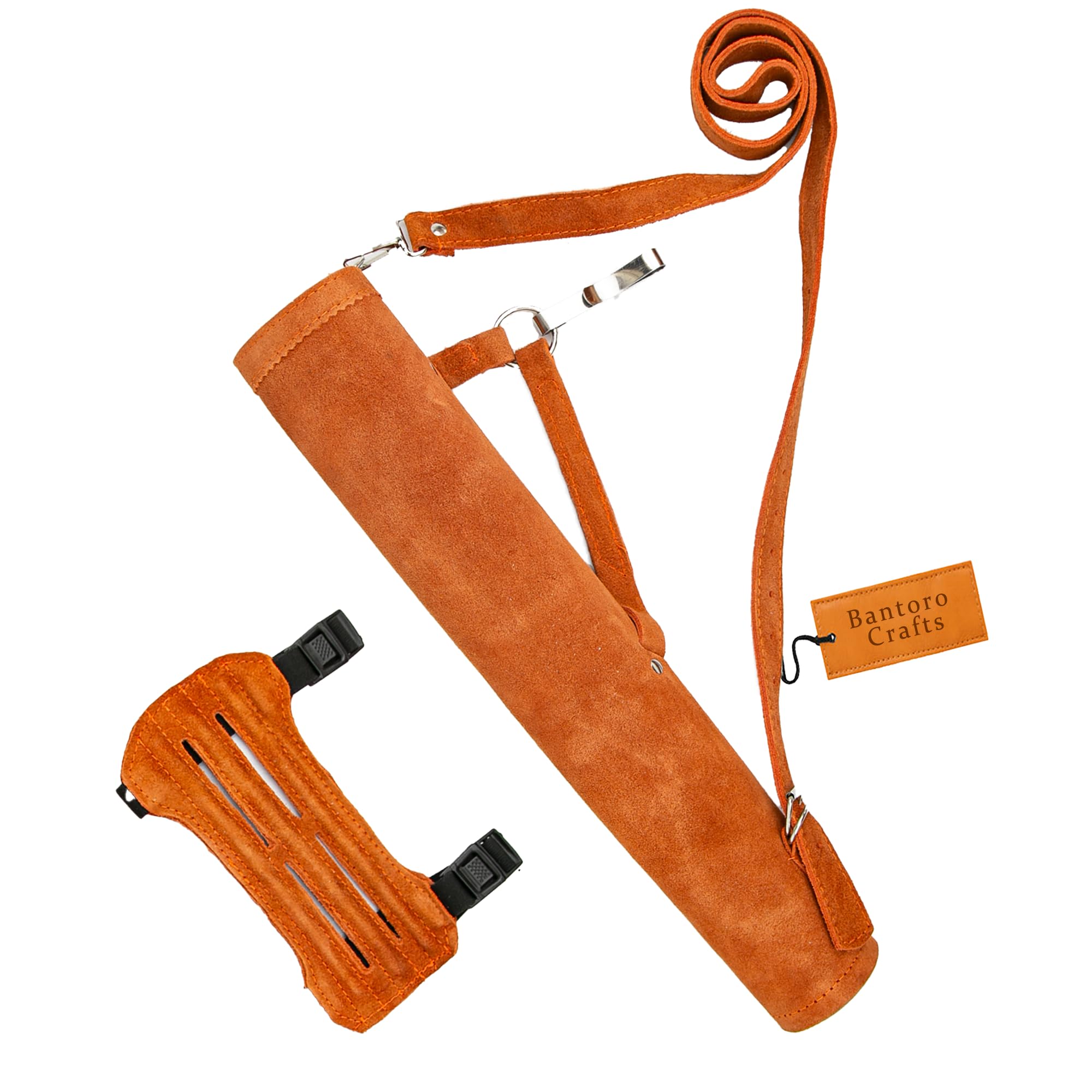 Carquois de tir à l'arc en cuir orange – Cuir de vache fait main – Bretelles et taille réglables – Crochets à dégagement rapide – Design durable