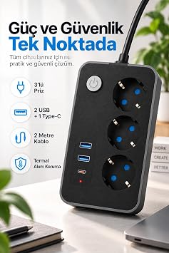 Robeve Blic 3’lü Termal Akım Korumalı Uzatma Prizi – 2 Metre Kablolu, 2 USB + 1 Type-C Hızlı Şarj, Çocuk Korumalı, Aç/Kapa Anahtarlı Çoklu Priz Grup Priz Grup Uzatma Prizi 3'lü Priz