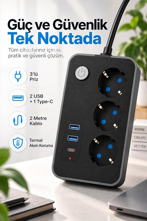 Robeve Blic 3’lü Termal Akım Korumalı Uzatma Prizi – 2 Metre Kablolu, 2 USB + 1 Type-C Hızlı Şarj, Çocuk Korumalı, Aç/Kapa Anahtarlı Çoklu Priz Grup Priz Grup Uzatma Prizi 3'lü Priz