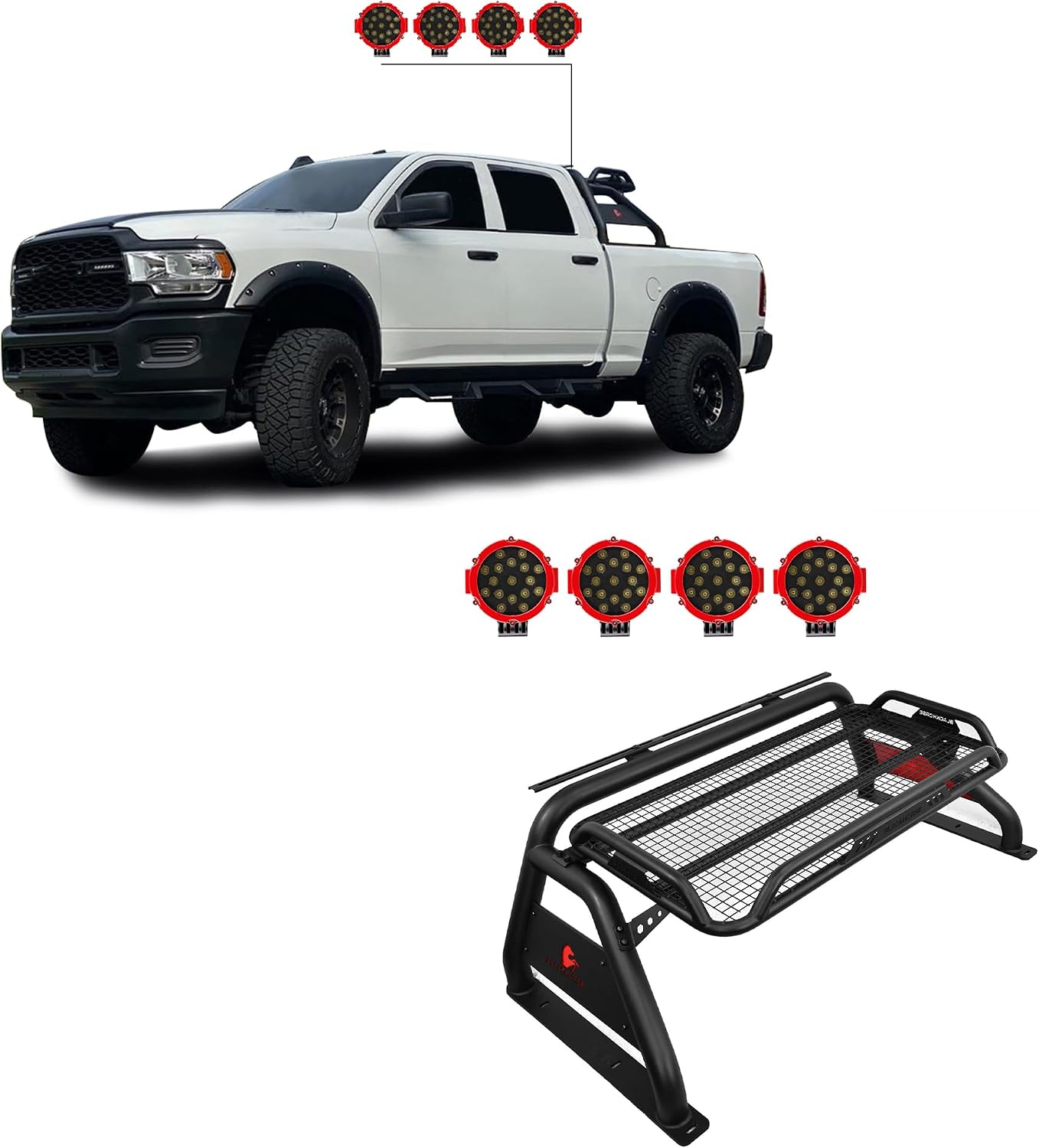 Black Horse ATLAS Roll Bar Incl. pair of 7.0"Dia. LED Lights w/ Red Trim Rings Compatible with (1/2 ton Trucks) Black ATLAS Roll Bar - RB-BA1B-PLR